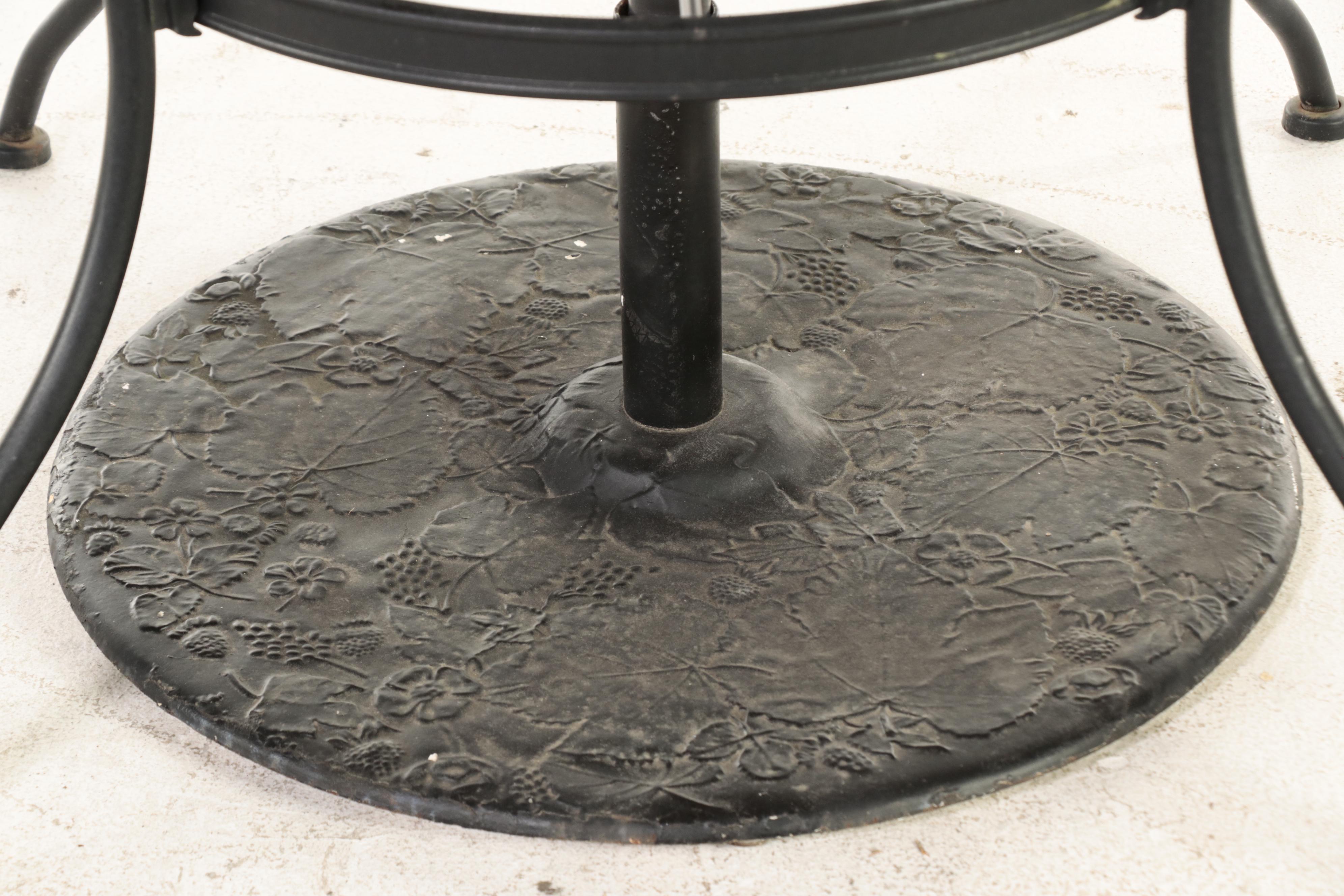 Black-Painted Metal Mesh Patio Table and Four Armchairs with Umbrella and Stand