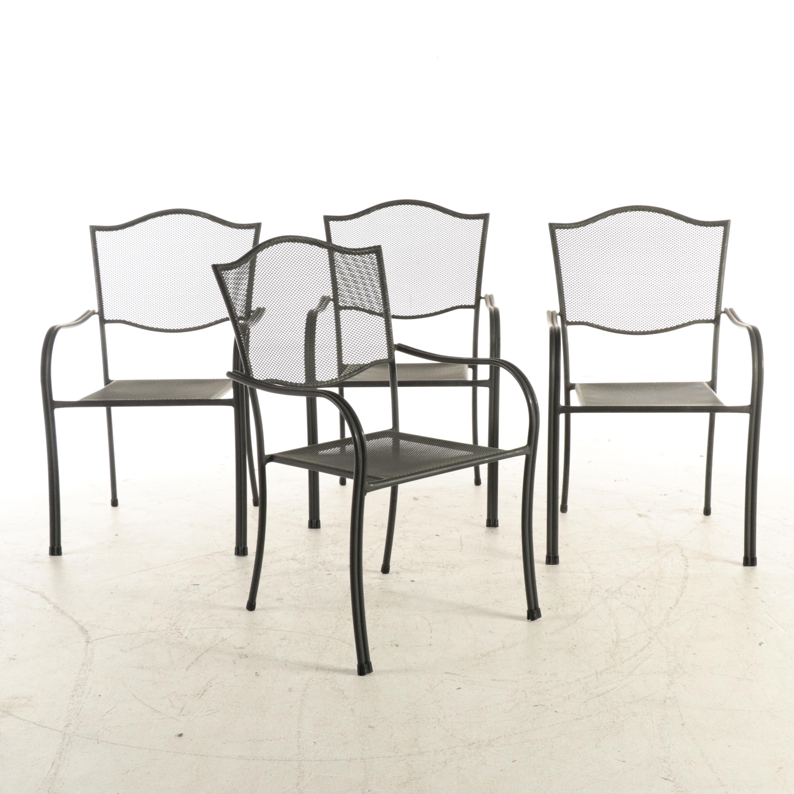 Black-Painted Metal Mesh Patio Table and Four Armchairs with Umbrella and Stand