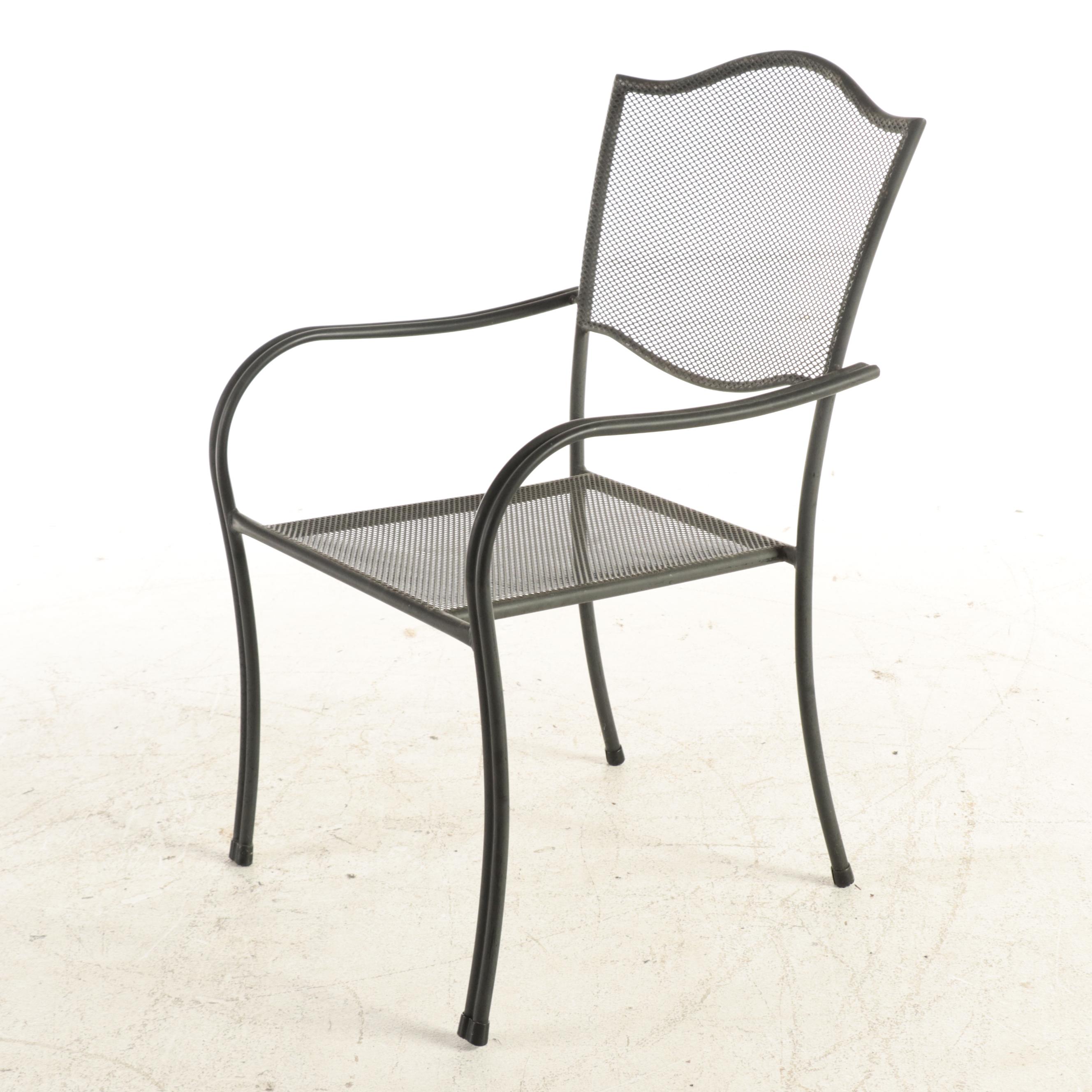 Black-Painted Metal Mesh Patio Table and Four Armchairs with Umbrella and Stand