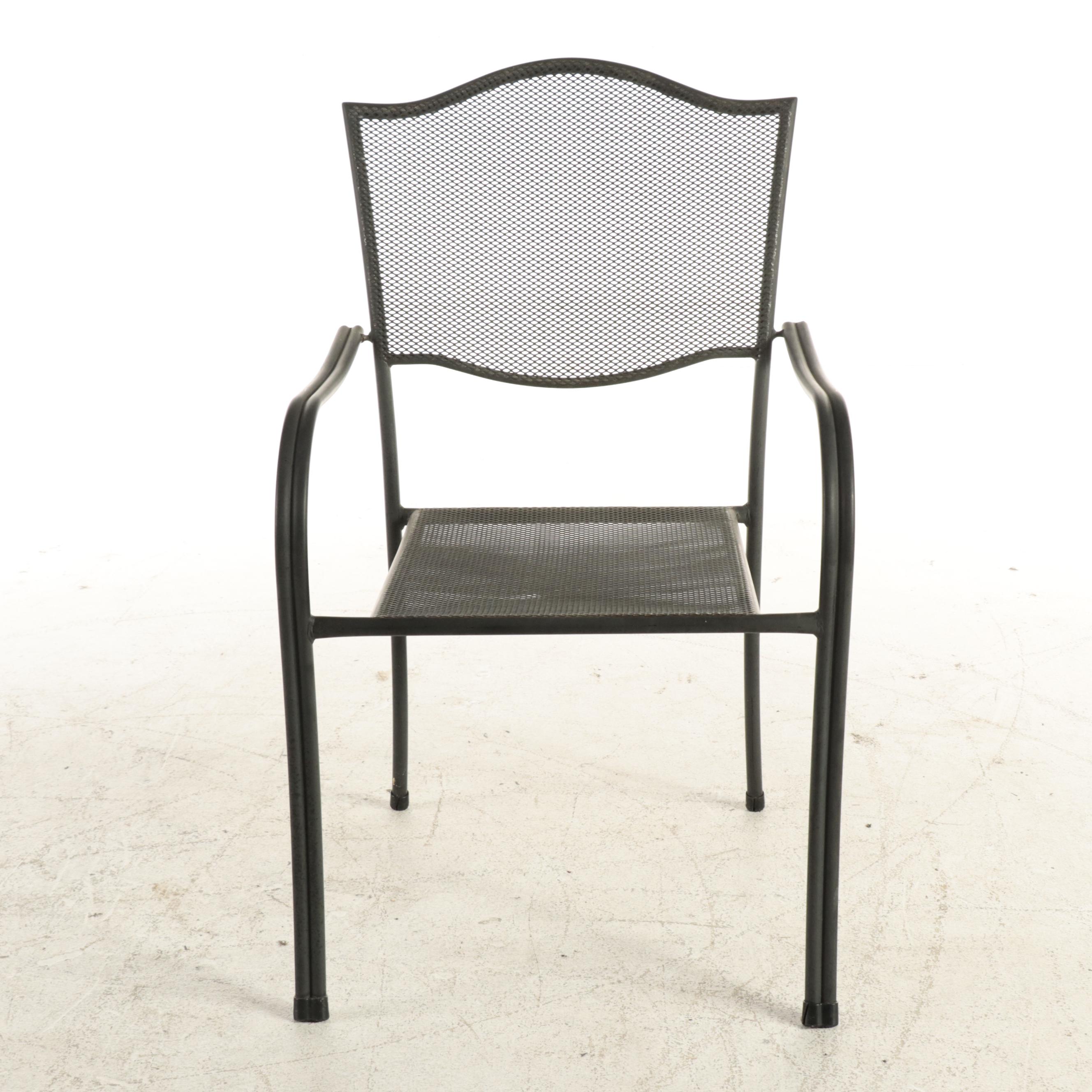 Black-Painted Metal Mesh Patio Table and Four Armchairs with Umbrella and Stand