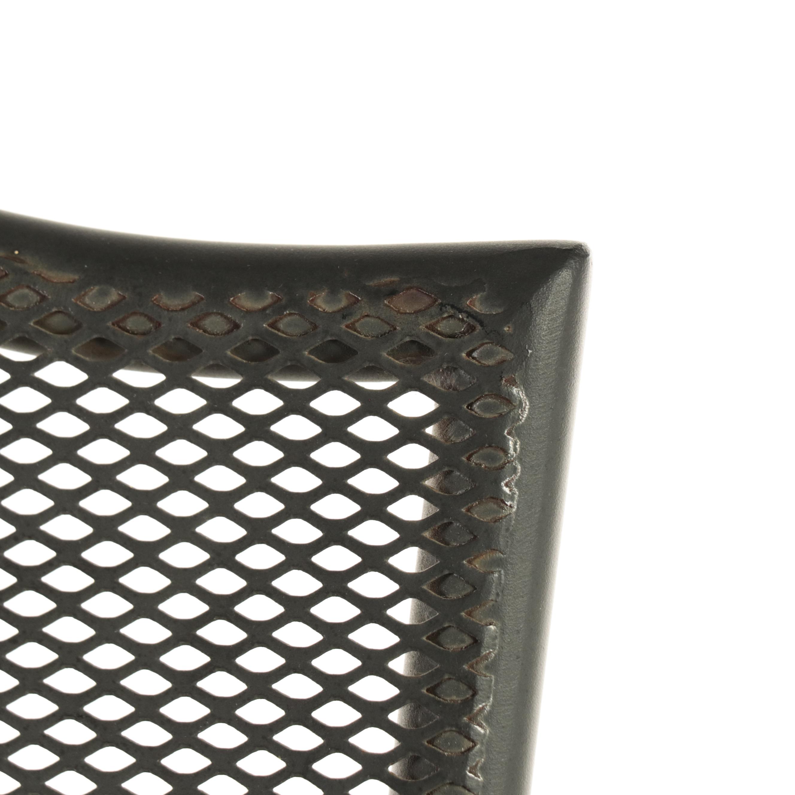 Black-Painted Metal Mesh Patio Table and Four Armchairs with Umbrella and Stand