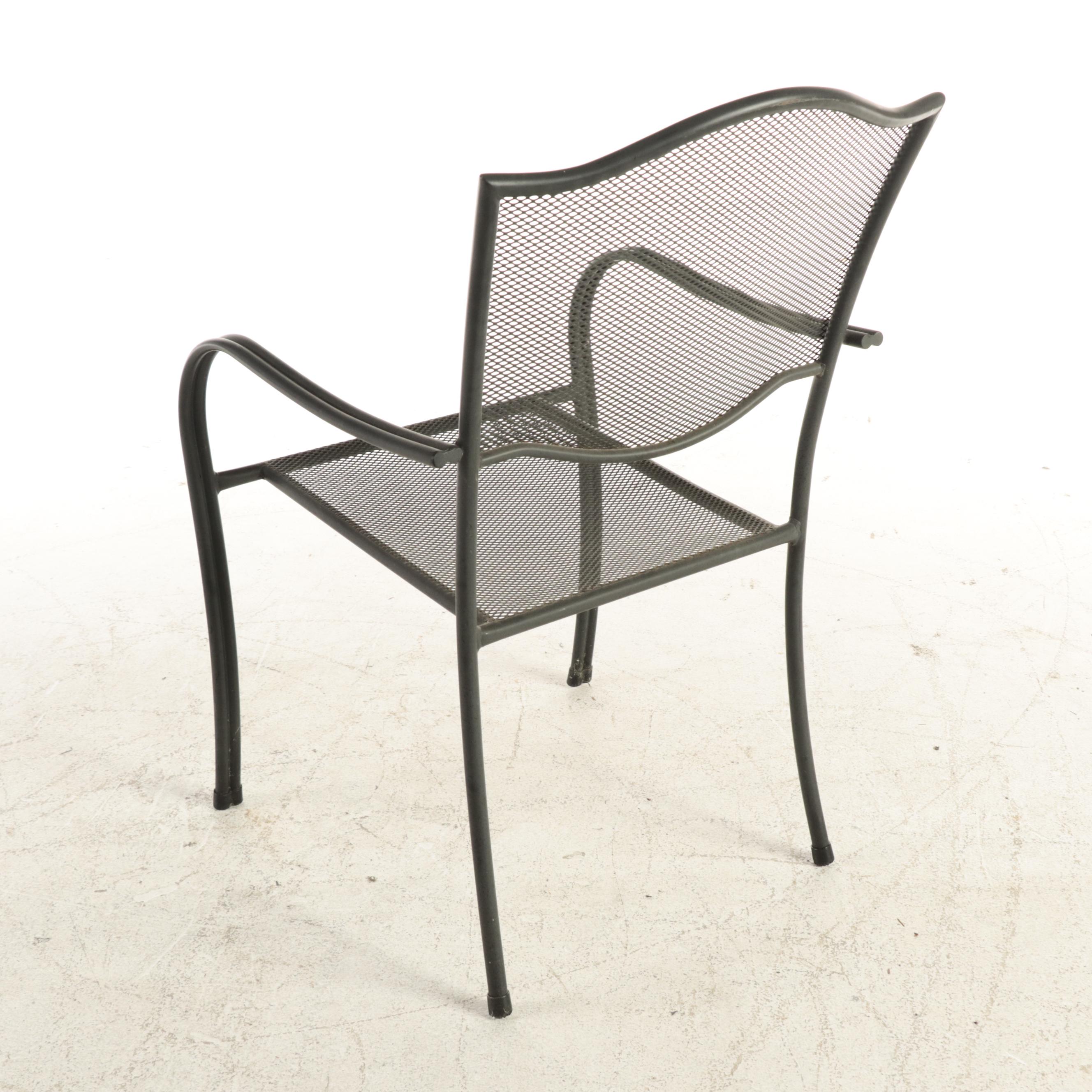 Black-Painted Metal Mesh Patio Table and Four Armchairs with Umbrella and Stand