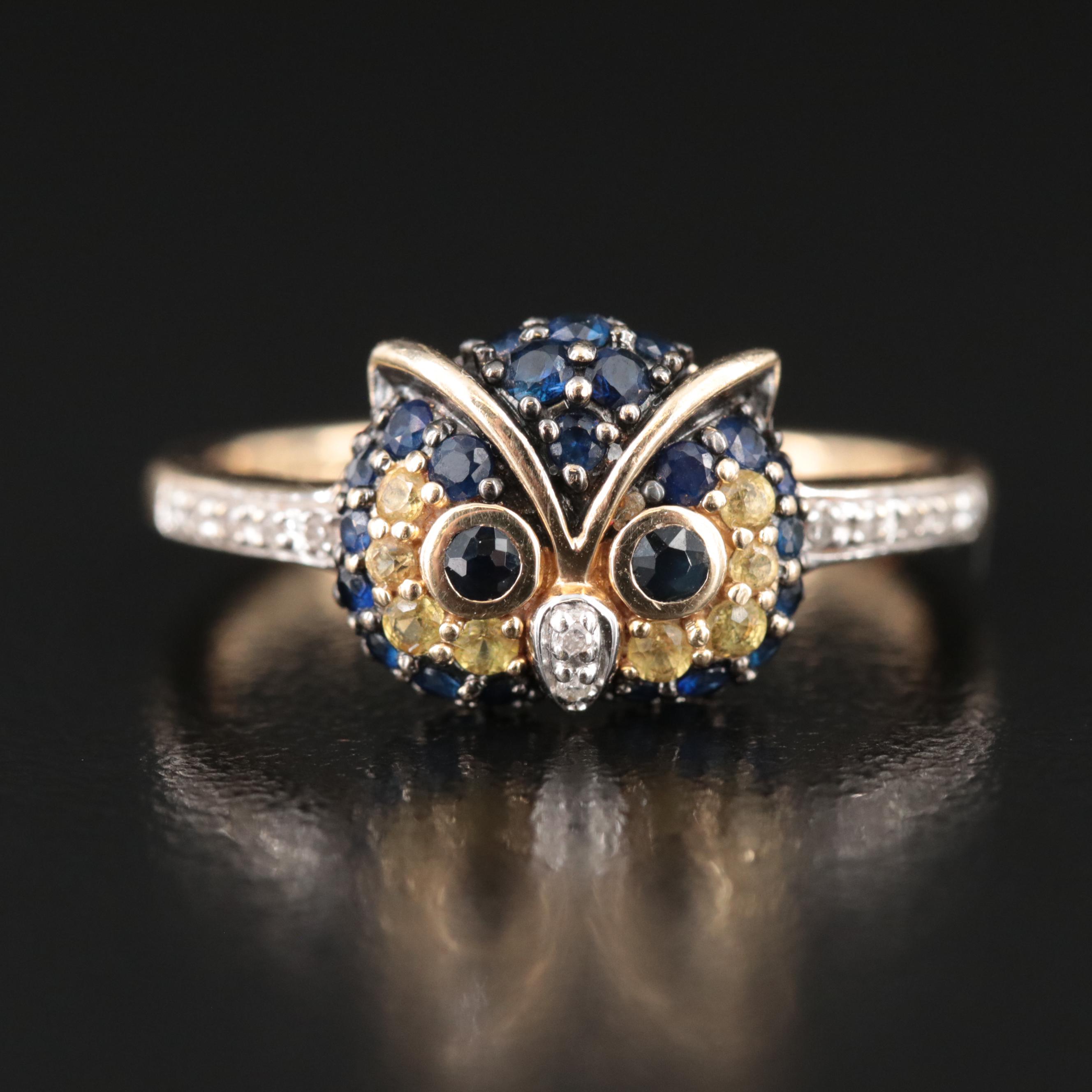 14K Sapphire and Diamond Owl Head Ring