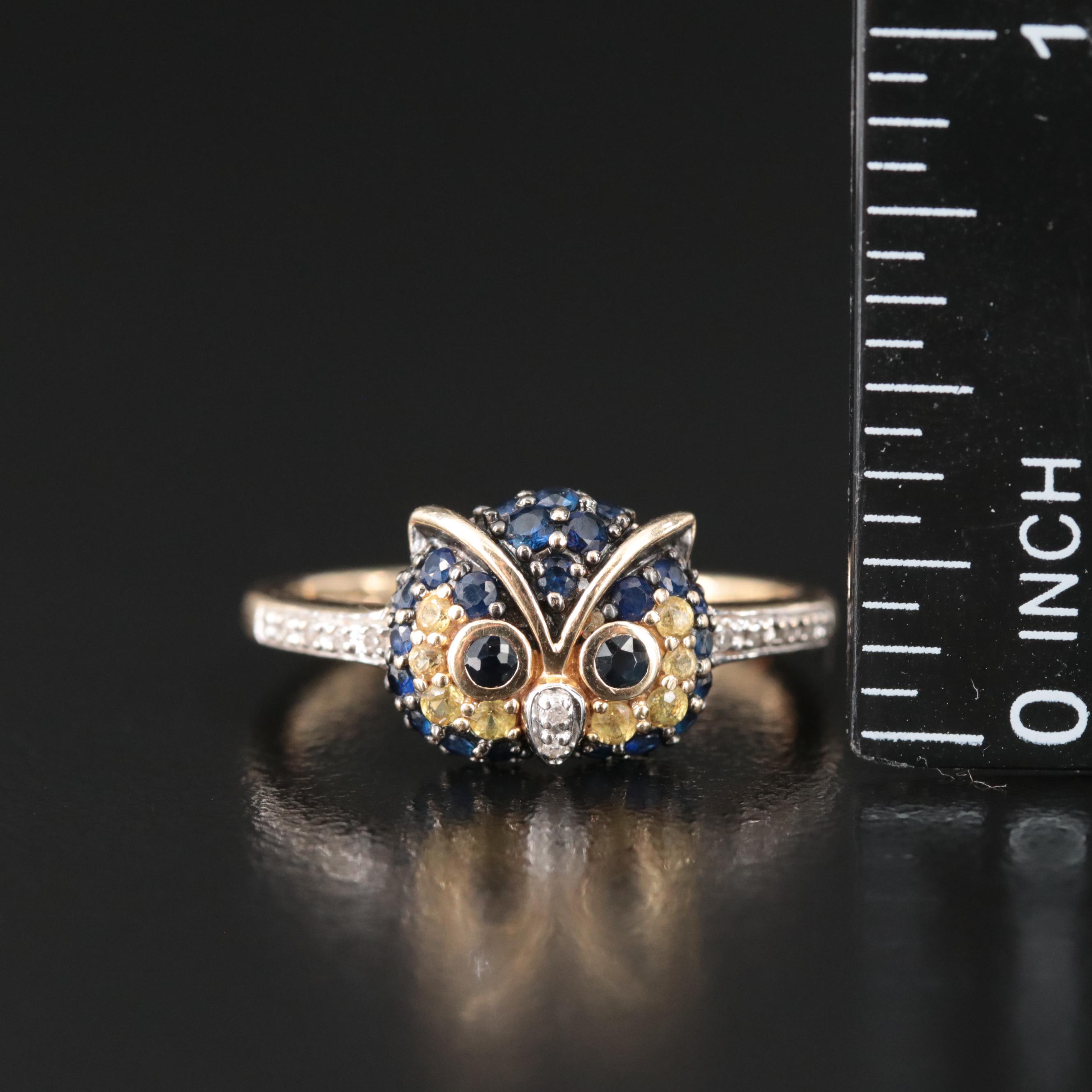 14K Sapphire and Diamond Owl Head Ring