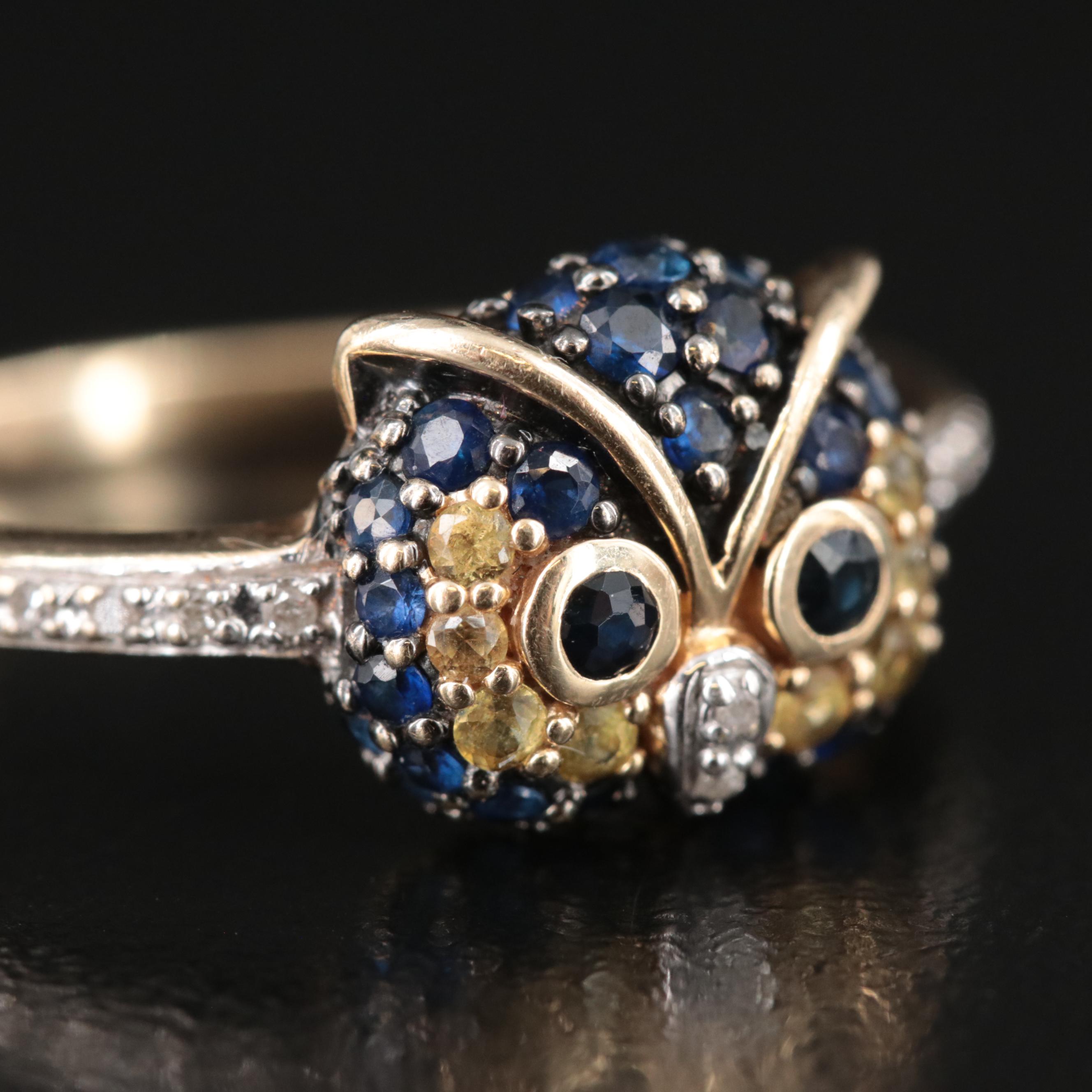 14K Sapphire and Diamond Owl Head Ring