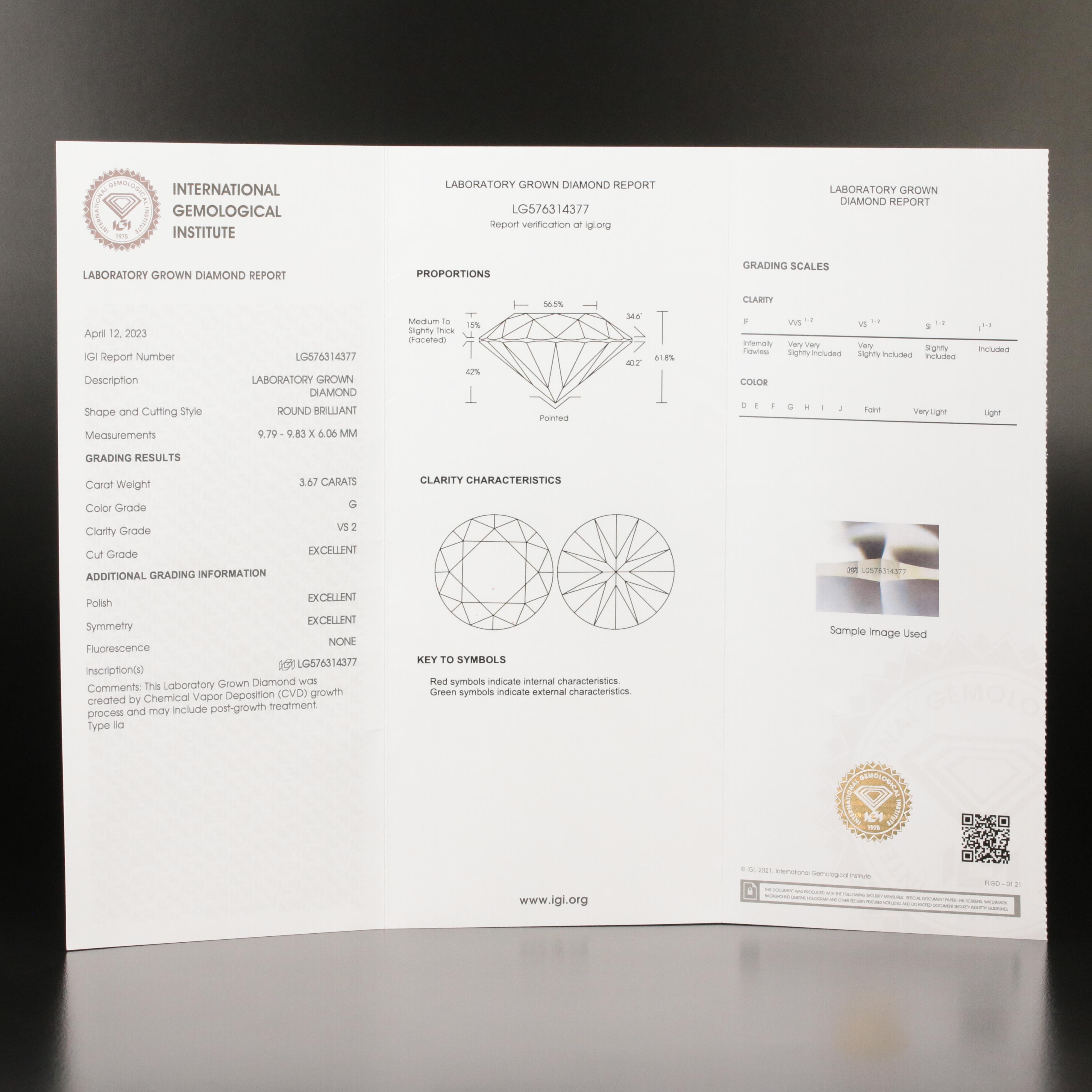 Loose 3.67 CT Lab Grown Diamond with IGI Report