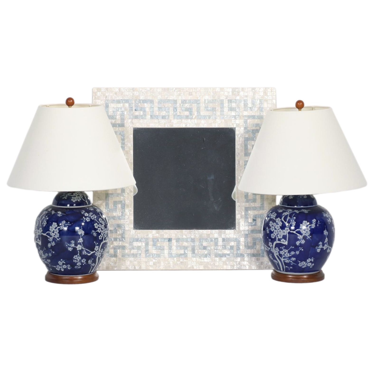 LAUREN Ralph Lauren Melon Jar Table Lamps with Greek Key Mosaic Shell Mirror