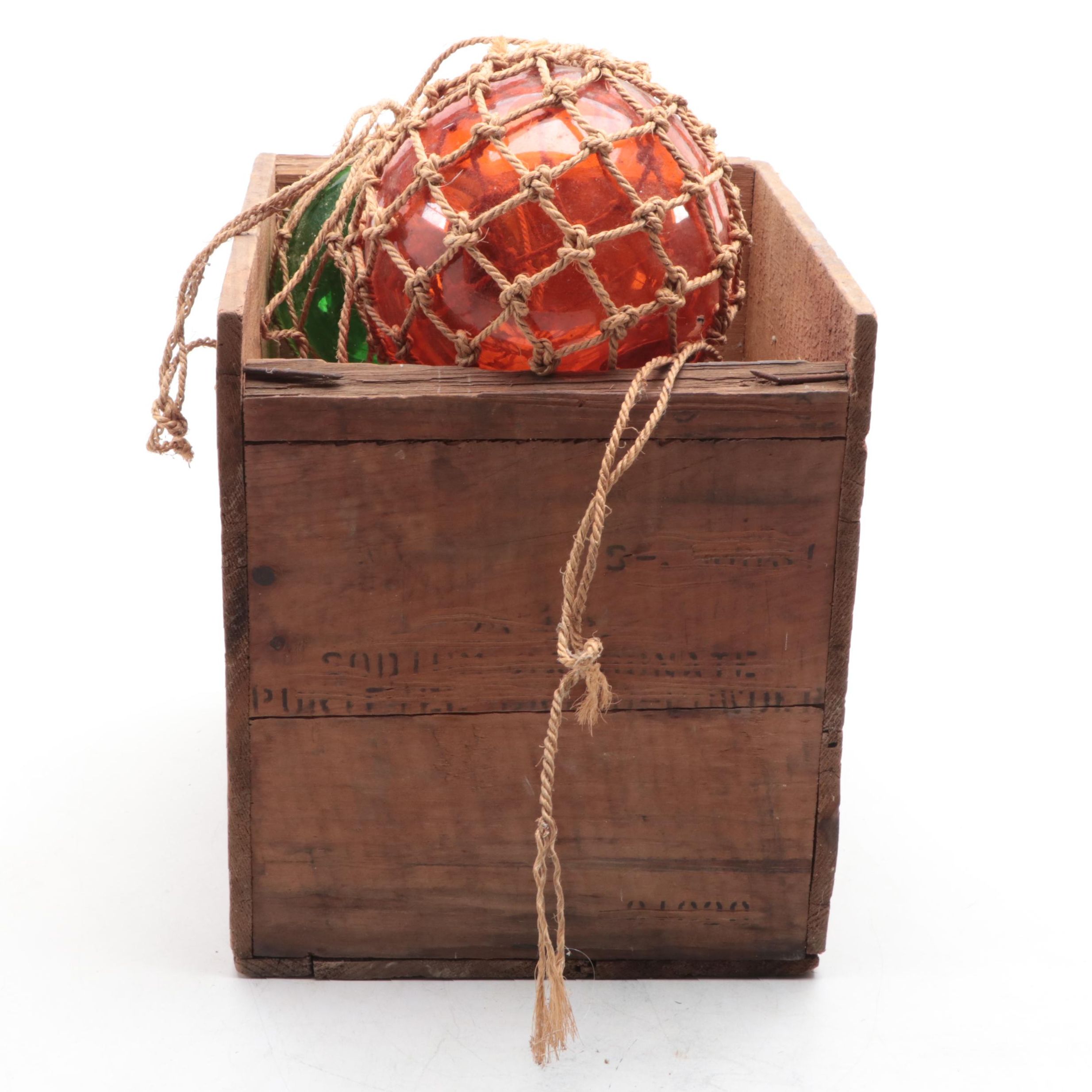 Merck & Co. Wood Shipping Box, Glass Fishing Floats, Queen Conch, Abalone