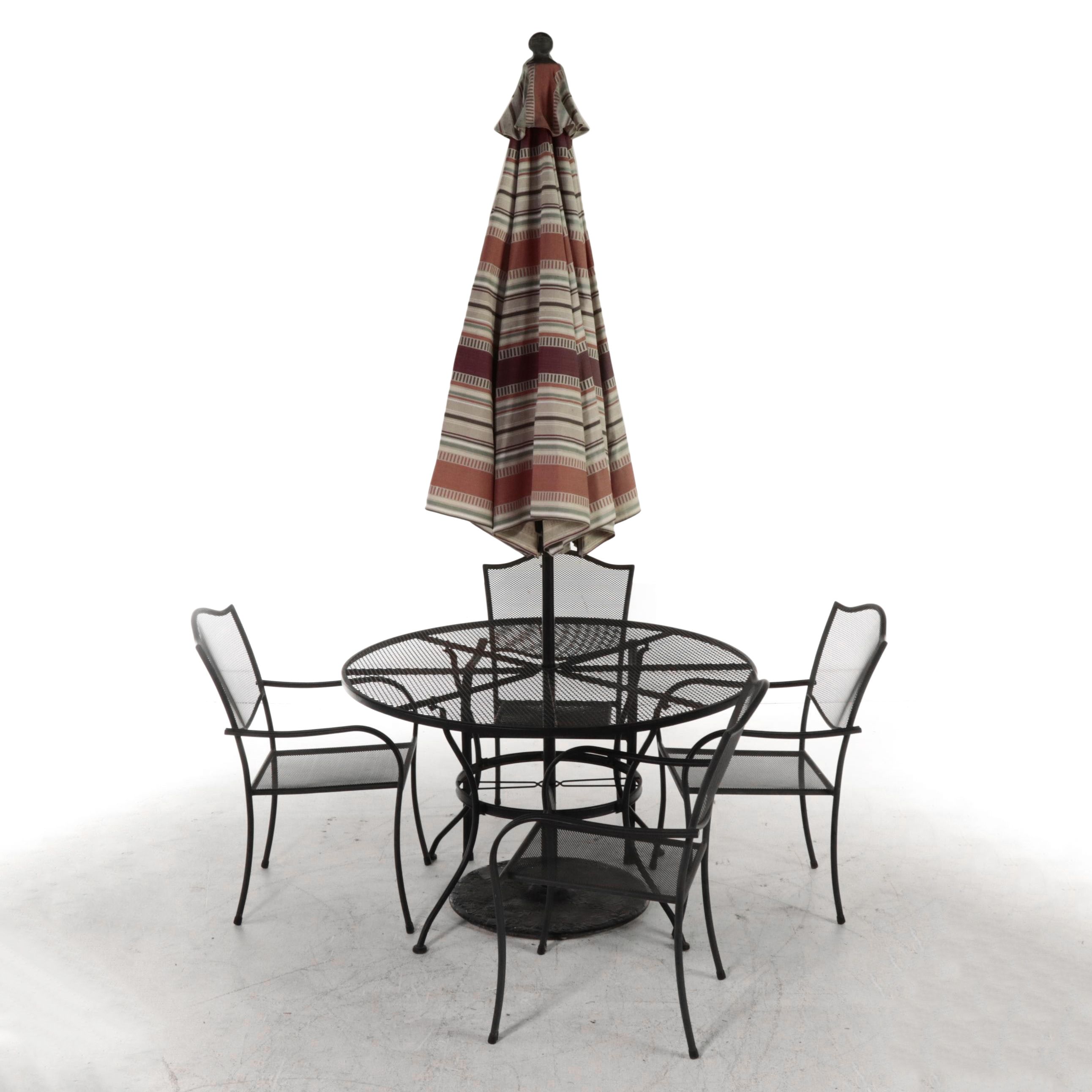 Black-Painted Metal Mesh Patio Table and Four Armchairs with Umbrella and Stand