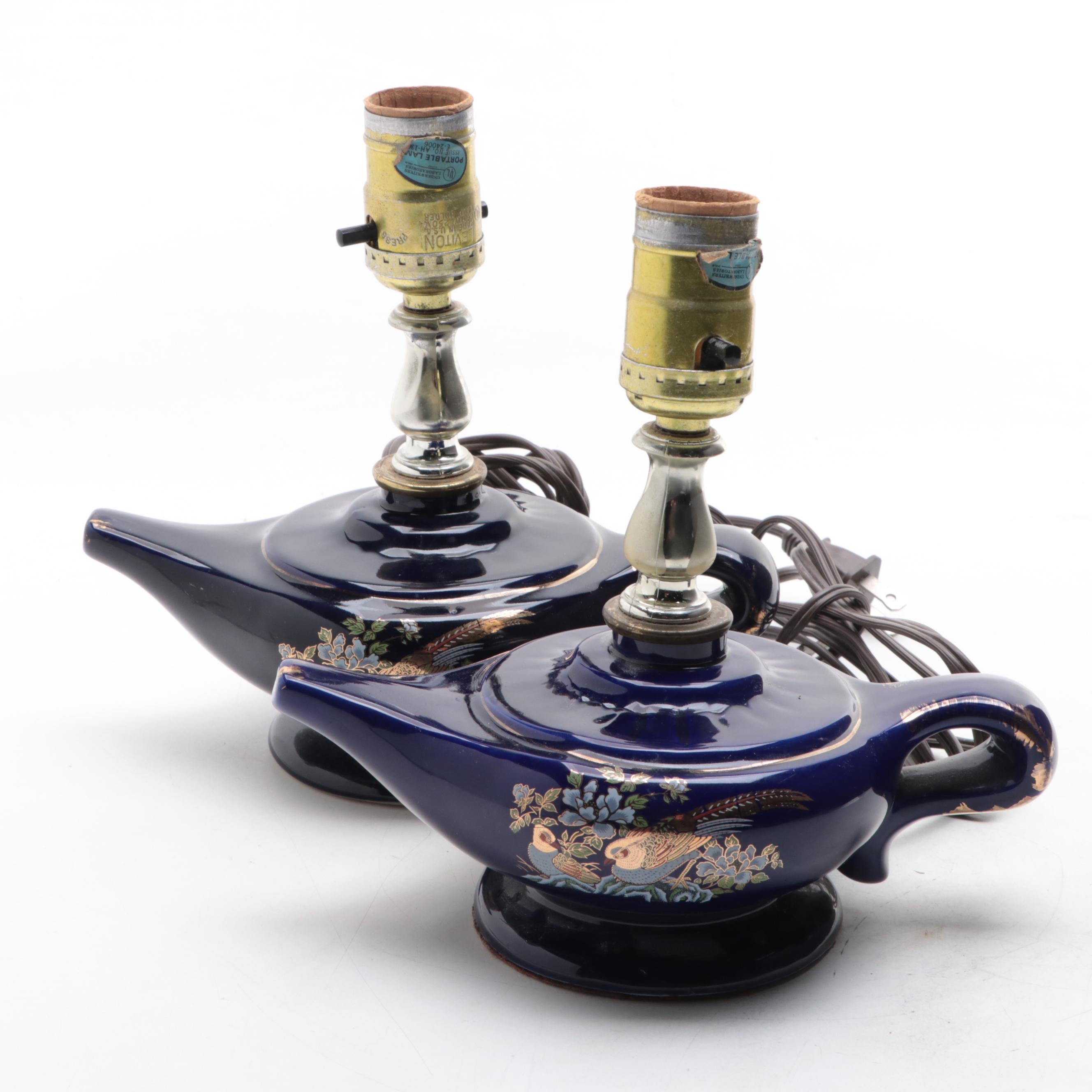 Pair of Gilt Bird Motif Cobalt Glazed Ceramic Oil Lamp, Adapted, 20th Century