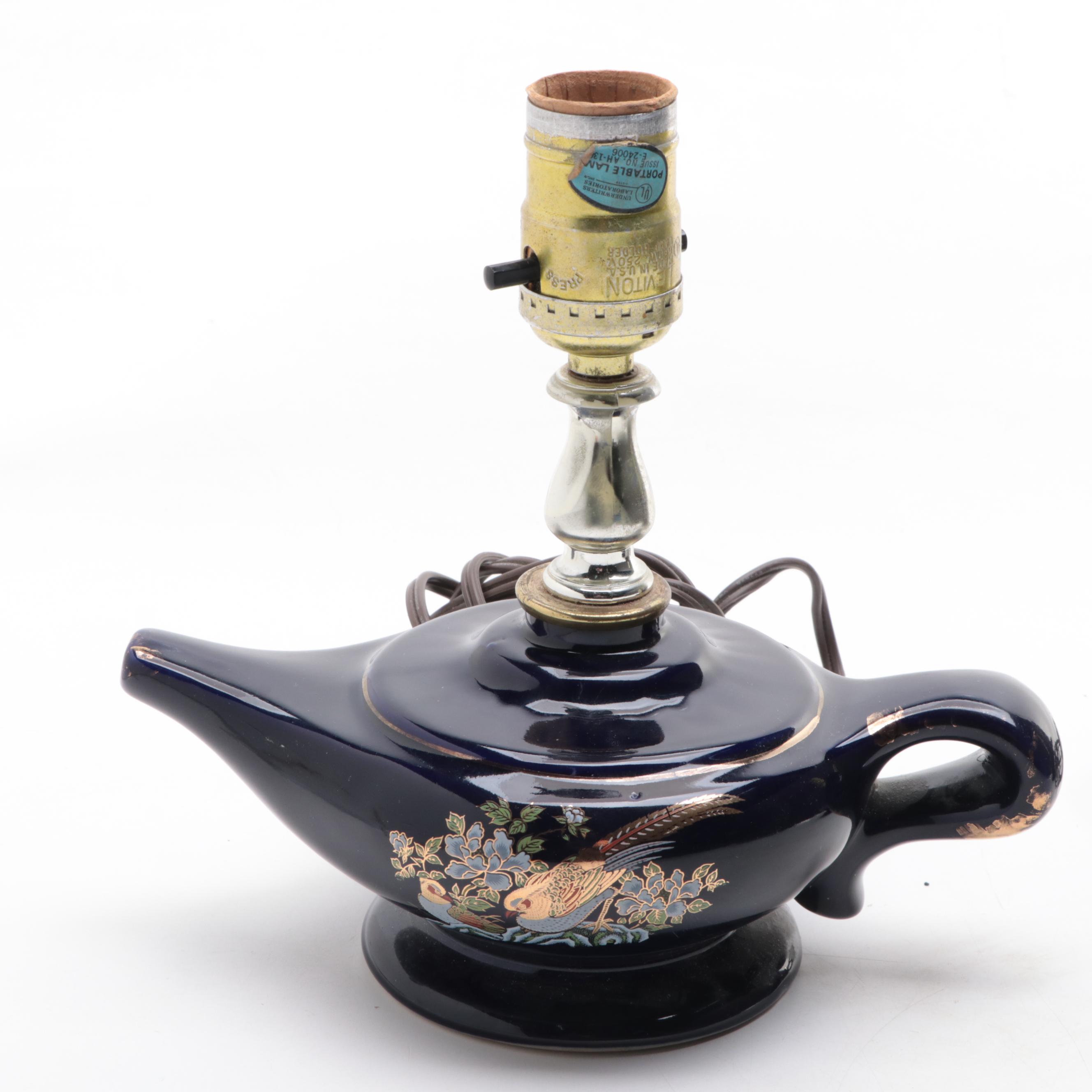 Pair of Gilt Bird Motif Cobalt Glazed Ceramic Oil Lamp, Adapted, 20th Century