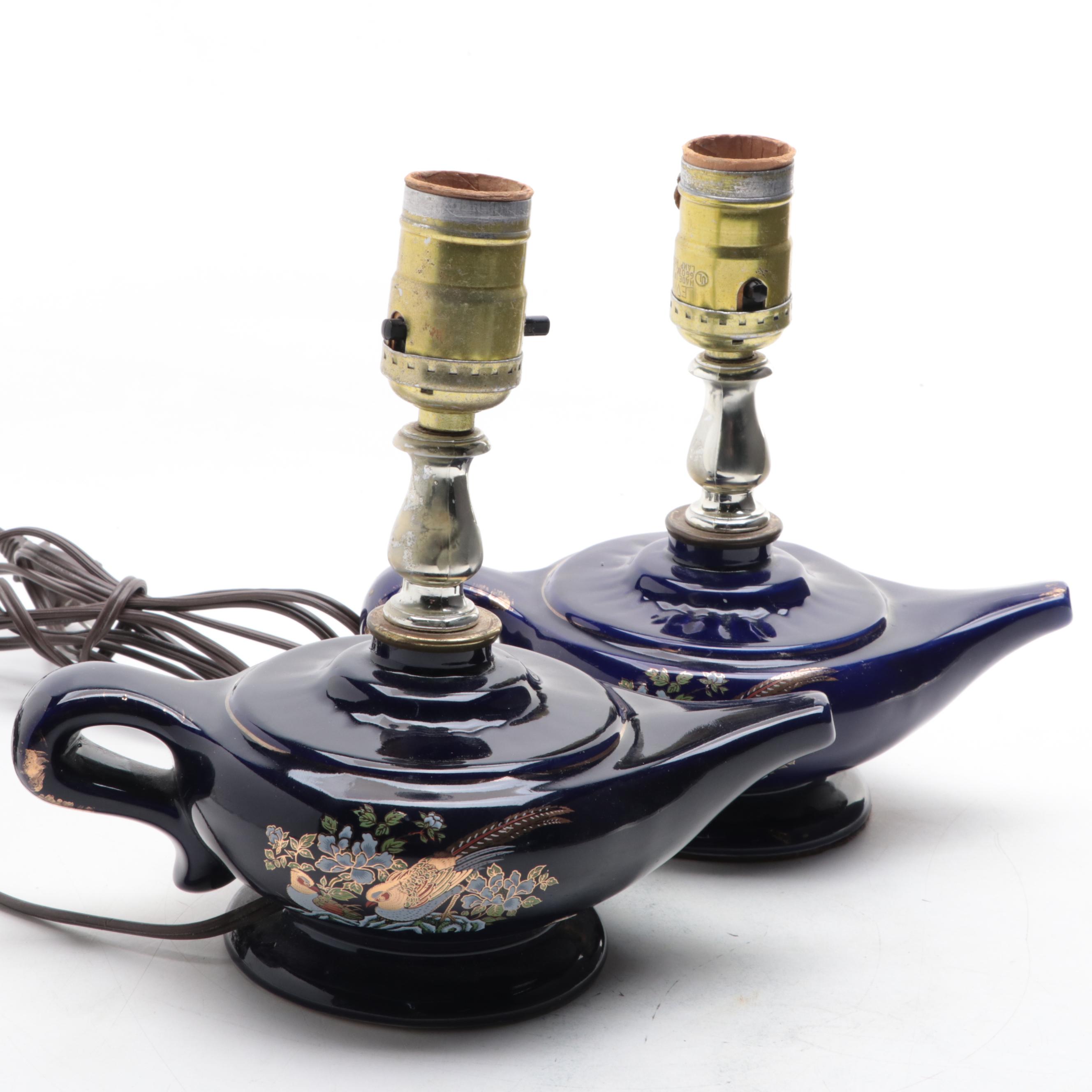 Pair of Gilt Bird Motif Cobalt Glazed Ceramic Oil Lamp, Adapted, 20th Century