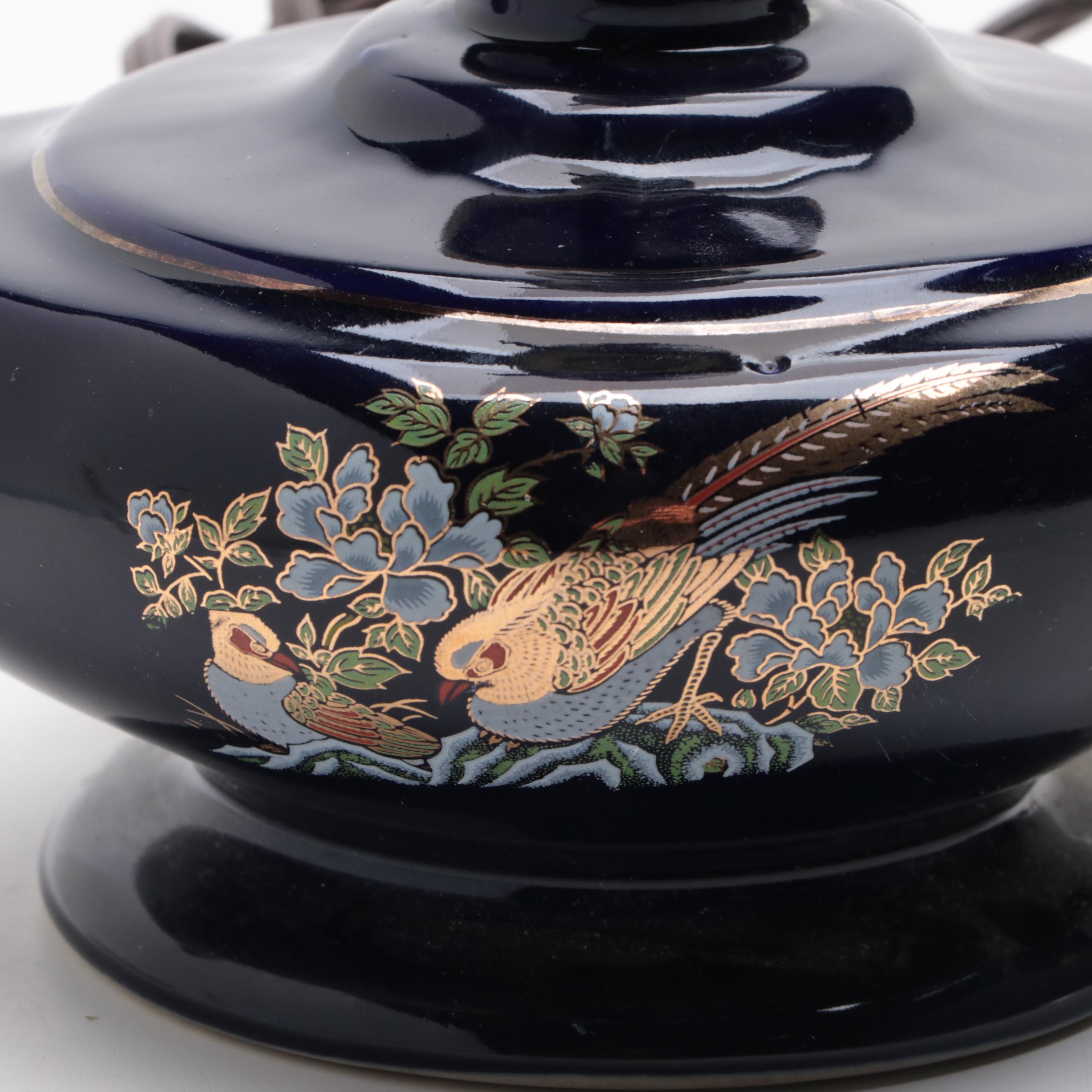 Pair of Gilt Bird Motif Cobalt Glazed Ceramic Oil Lamp, Adapted, 20th Century