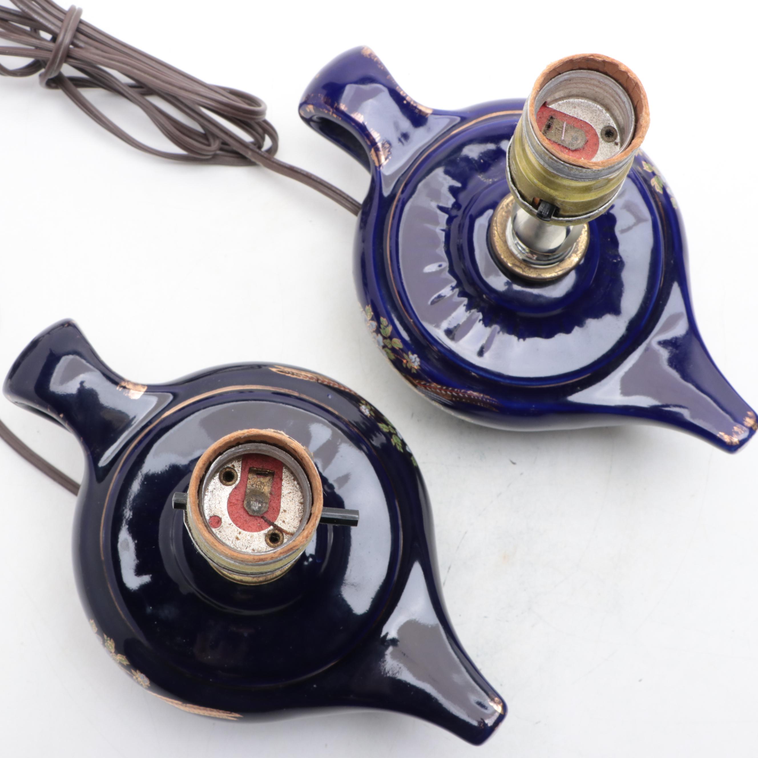 Pair of Gilt Bird Motif Cobalt Glazed Ceramic Oil Lamp, Adapted, 20th Century