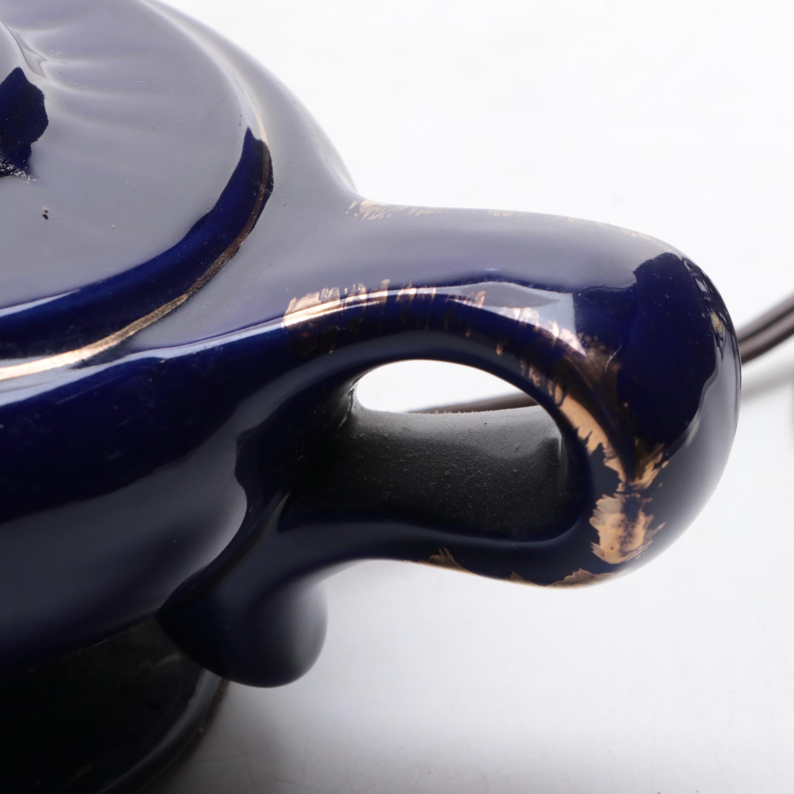 Pair of Gilt Bird Motif Cobalt Glazed Ceramic Oil Lamp, Adapted, 20th Century