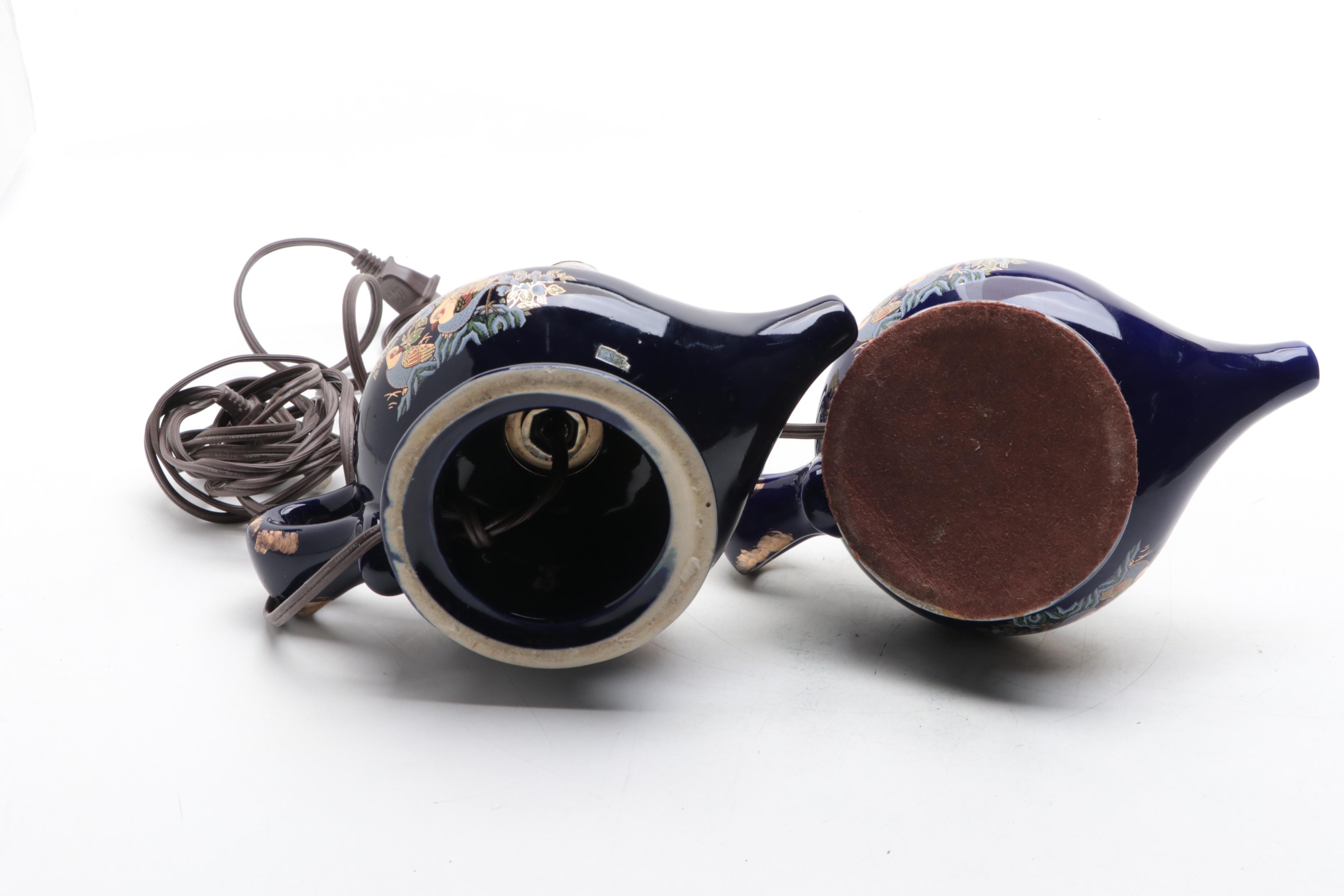 Pair of Gilt Bird Motif Cobalt Glazed Ceramic Oil Lamp, Adapted, 20th Century