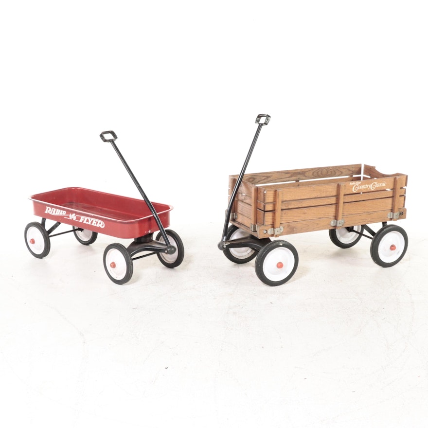 Radio Flyer Red Metal Wagon and Country Classic Oak Slat Wagon