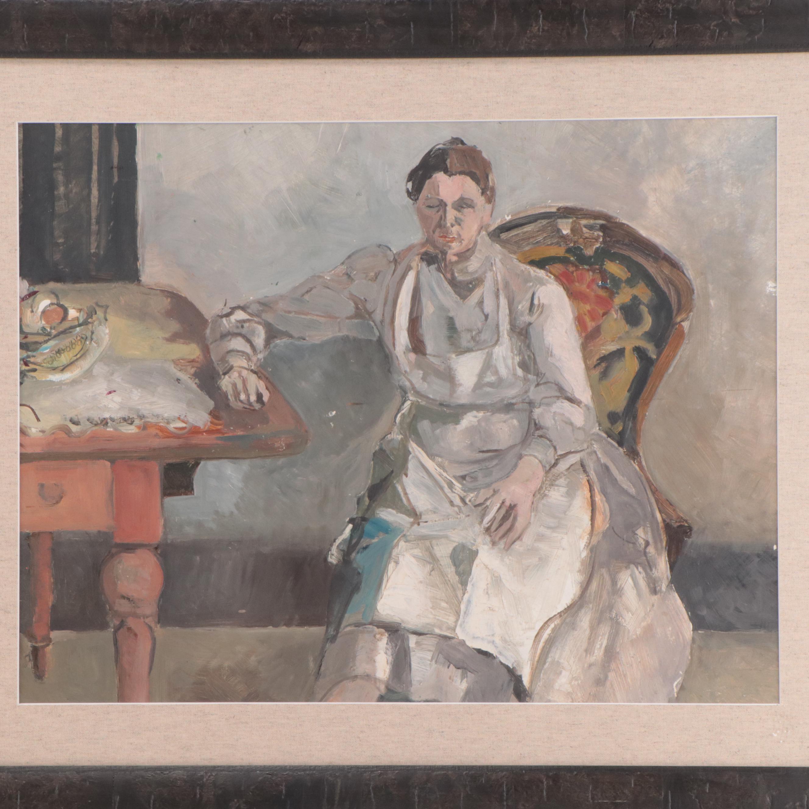 Interior Genre Oil Painting of Portrait of Woman Sitting at Table