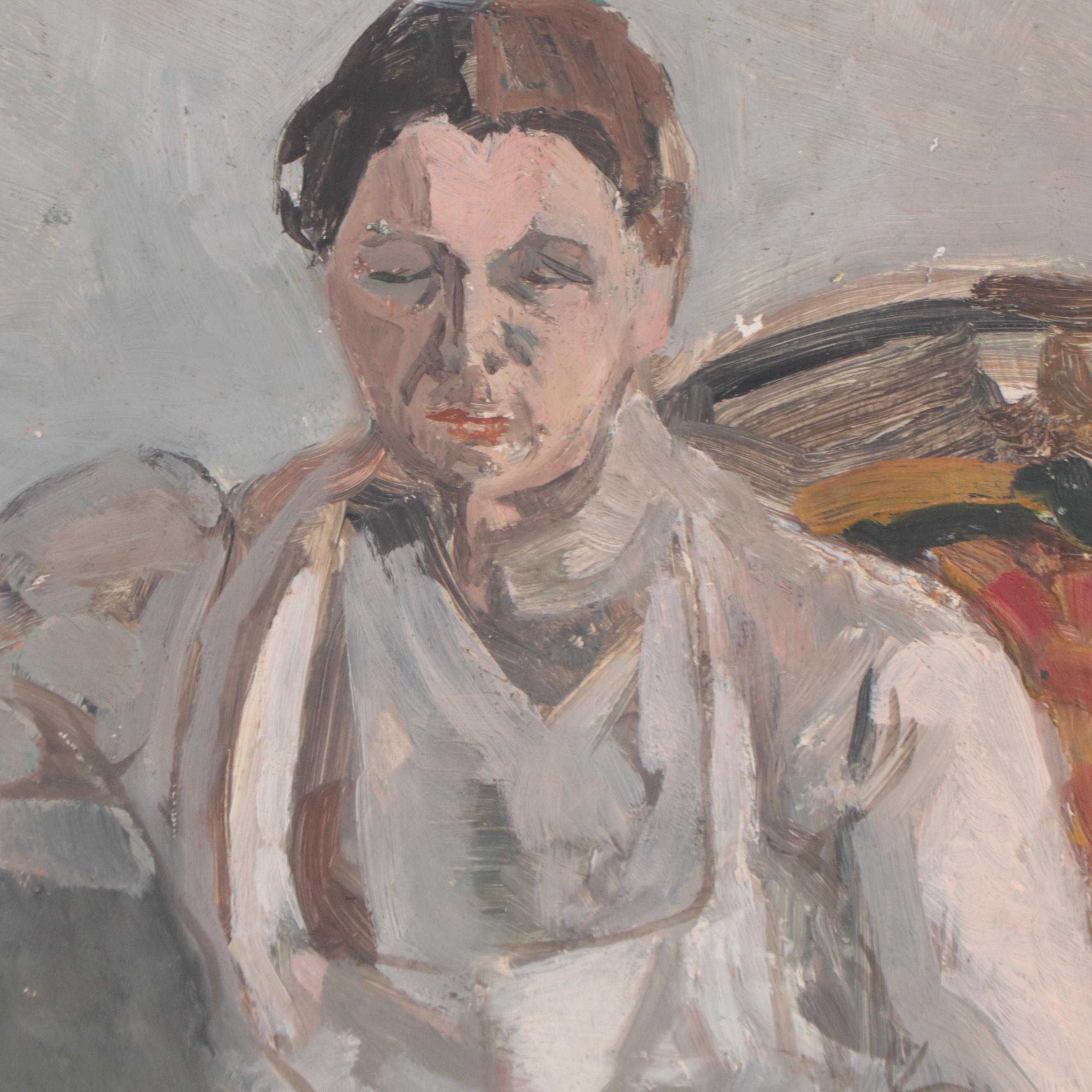 Interior Genre Oil Painting of Portrait of Woman Sitting at Table