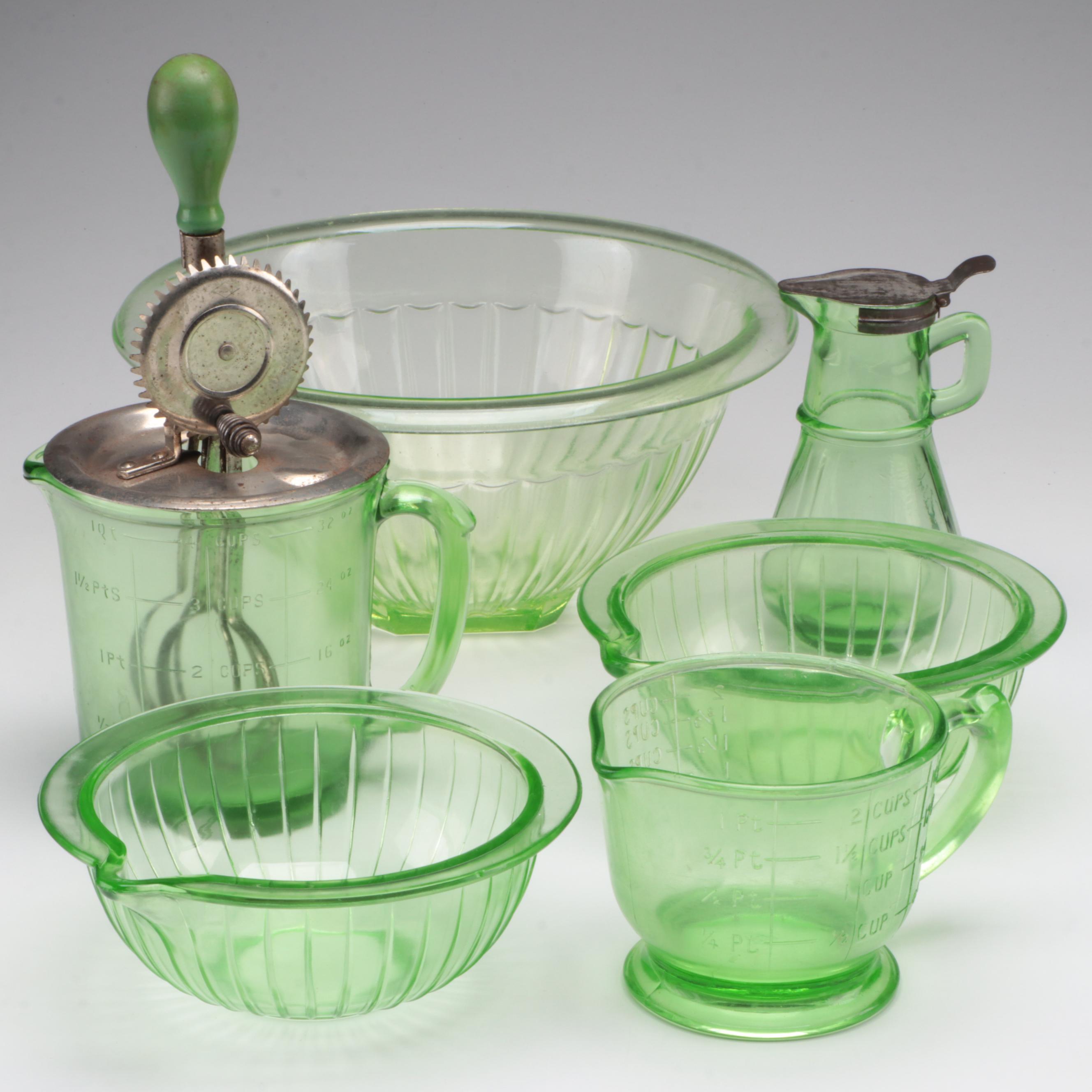 Ekco A&J Egg Beater with Uranium Glass Kitchenware, Early to Mid 20th Century