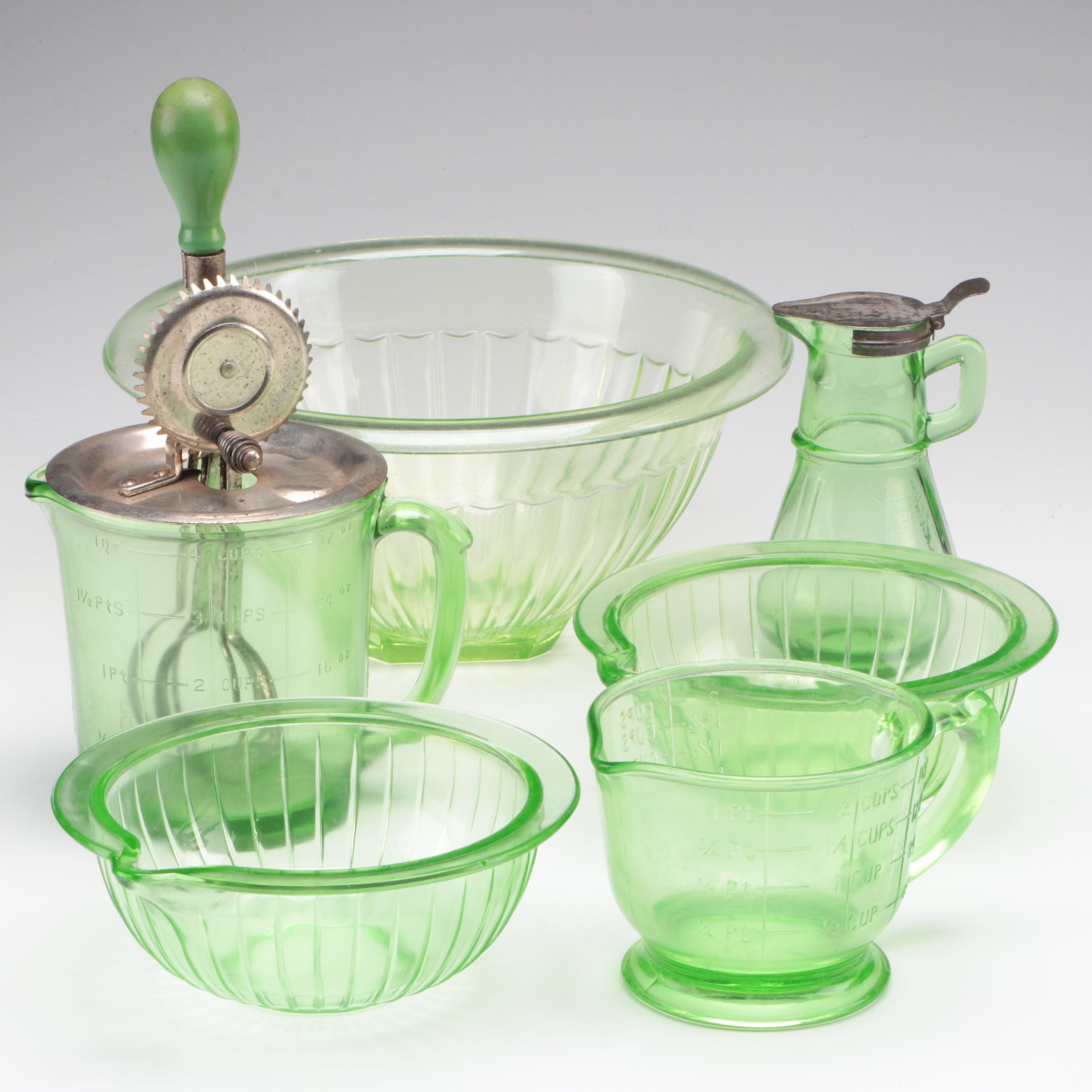 Ekco A&J Egg Beater with Uranium Glass Kitchenware, Early to Mid 20th Century