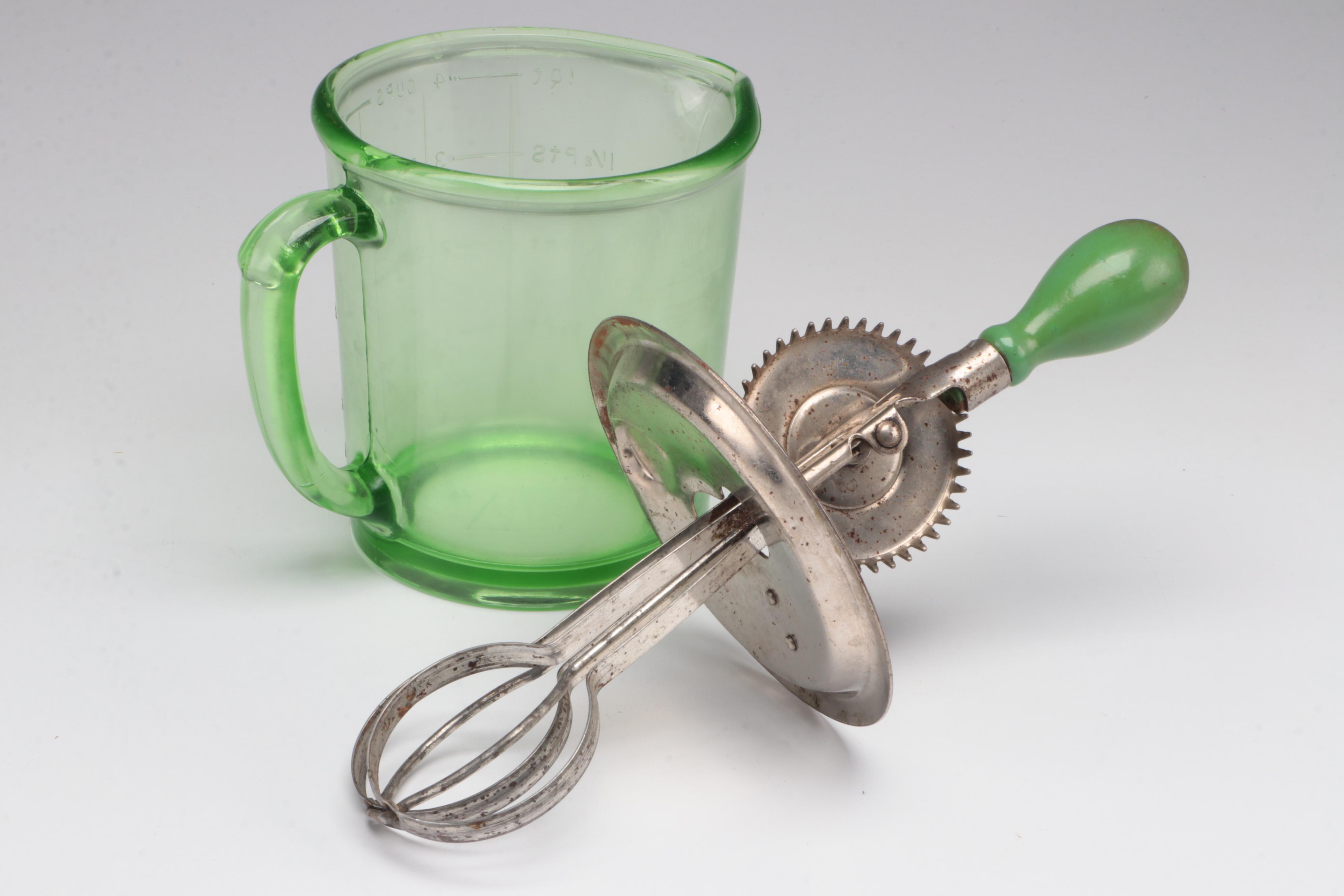 Ekco A&J Egg Beater with Uranium Glass Kitchenware, Early to Mid 20th Century