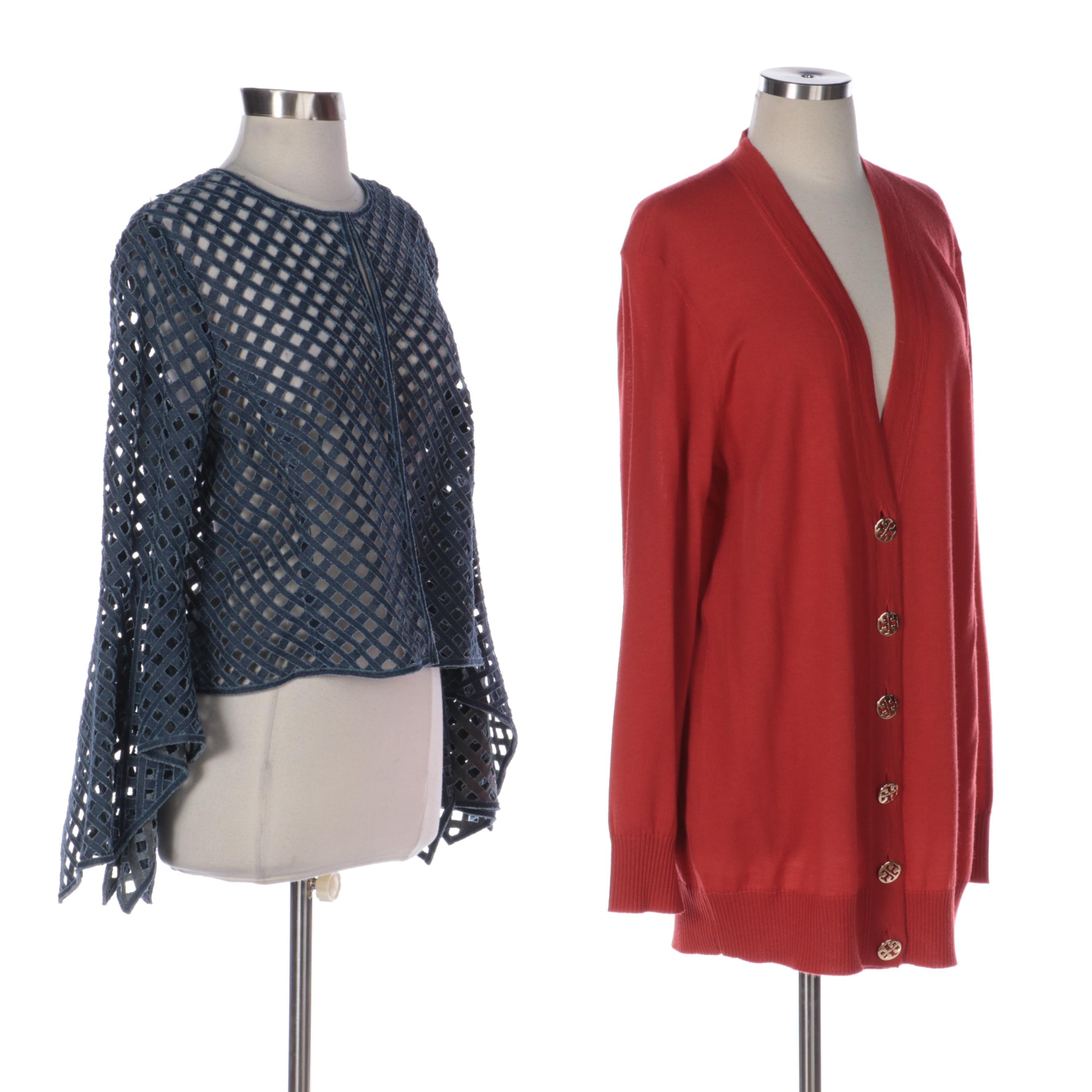 Oscar De La Renta Jacket and Tory Burch Logo Button-Front Long Cardigan