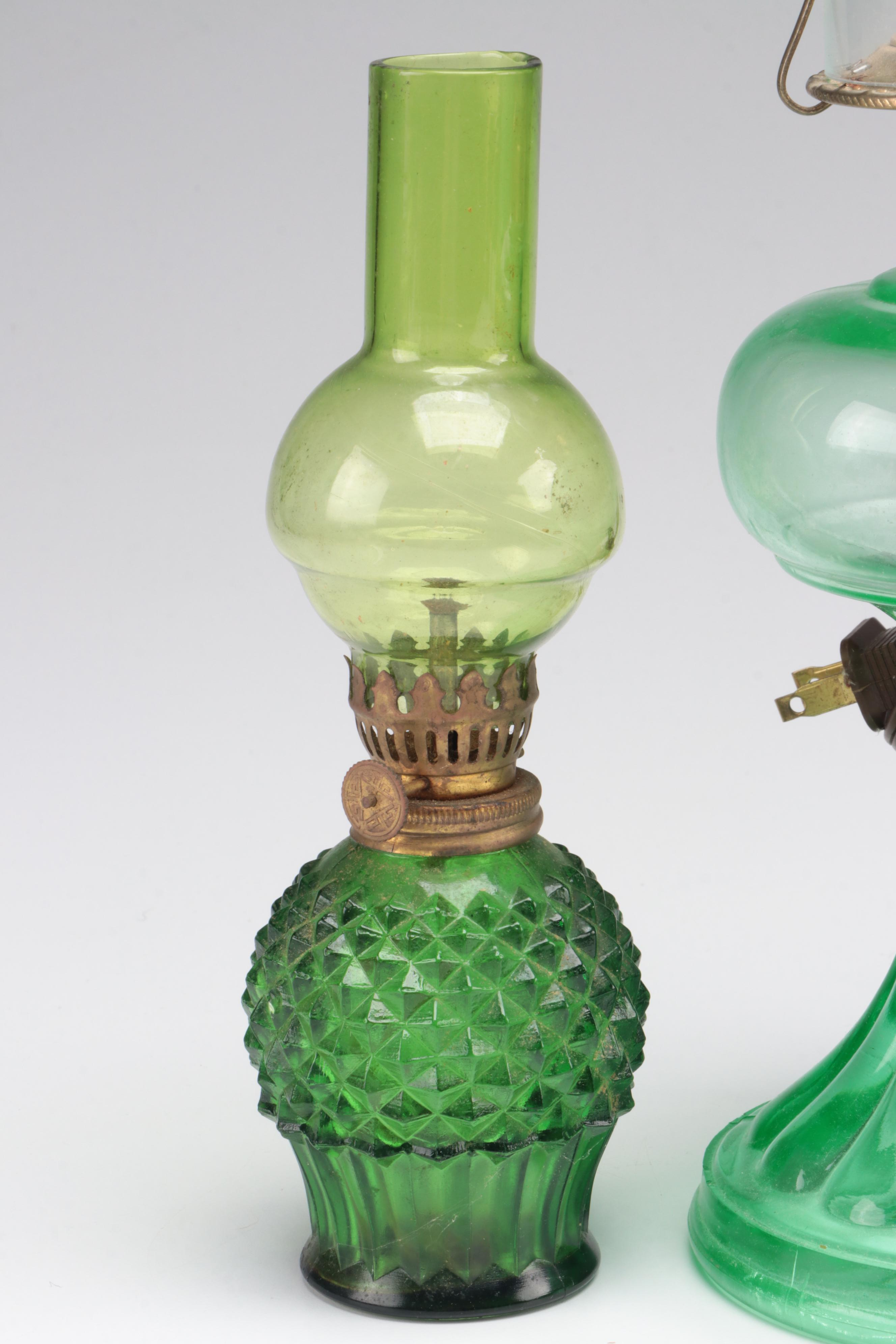Green Pressed Glass and Uranium Glass Kerosene and Oil Lamps, Two