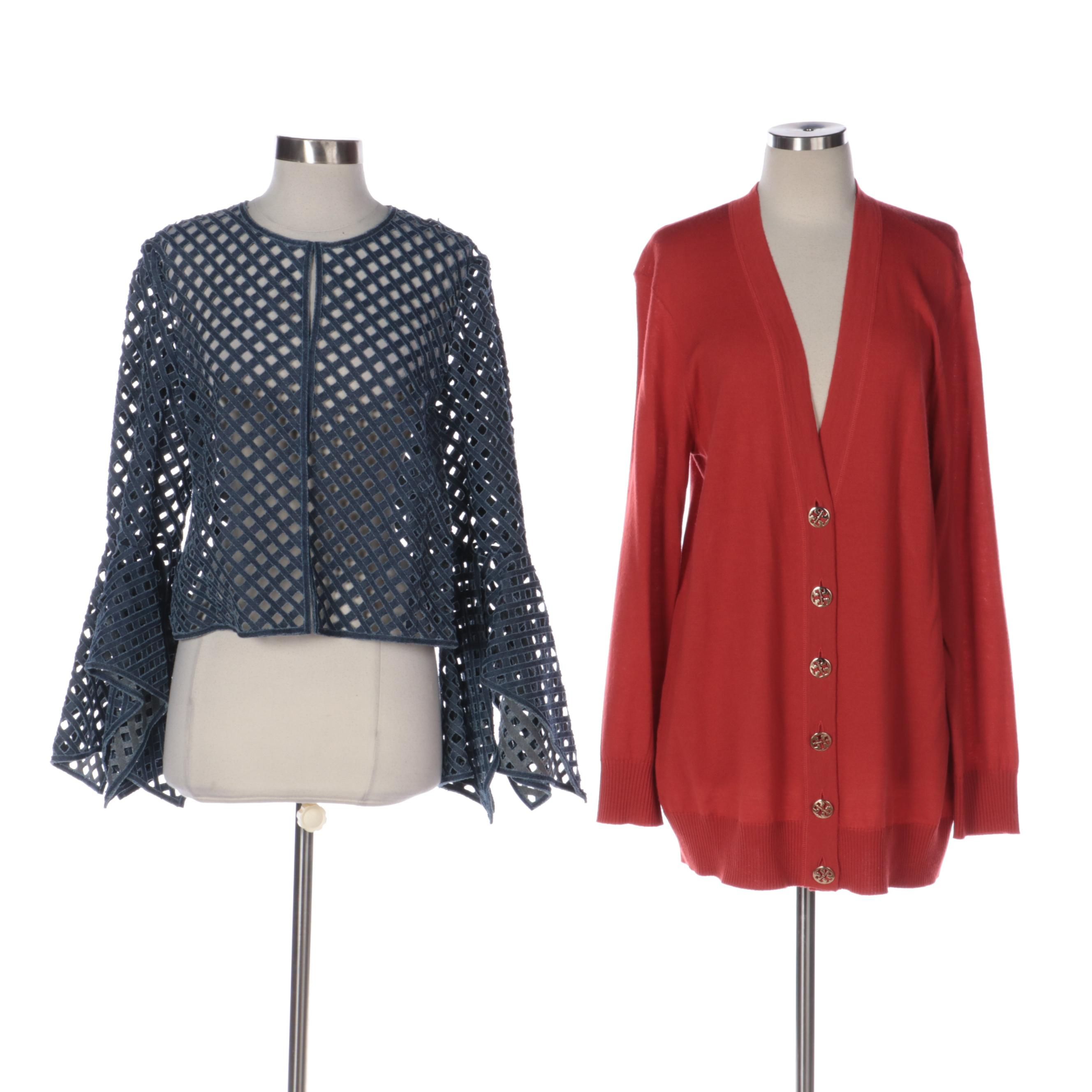 Oscar De La Renta Jacket and Tory Burch Logo Button-Front Long Cardigan