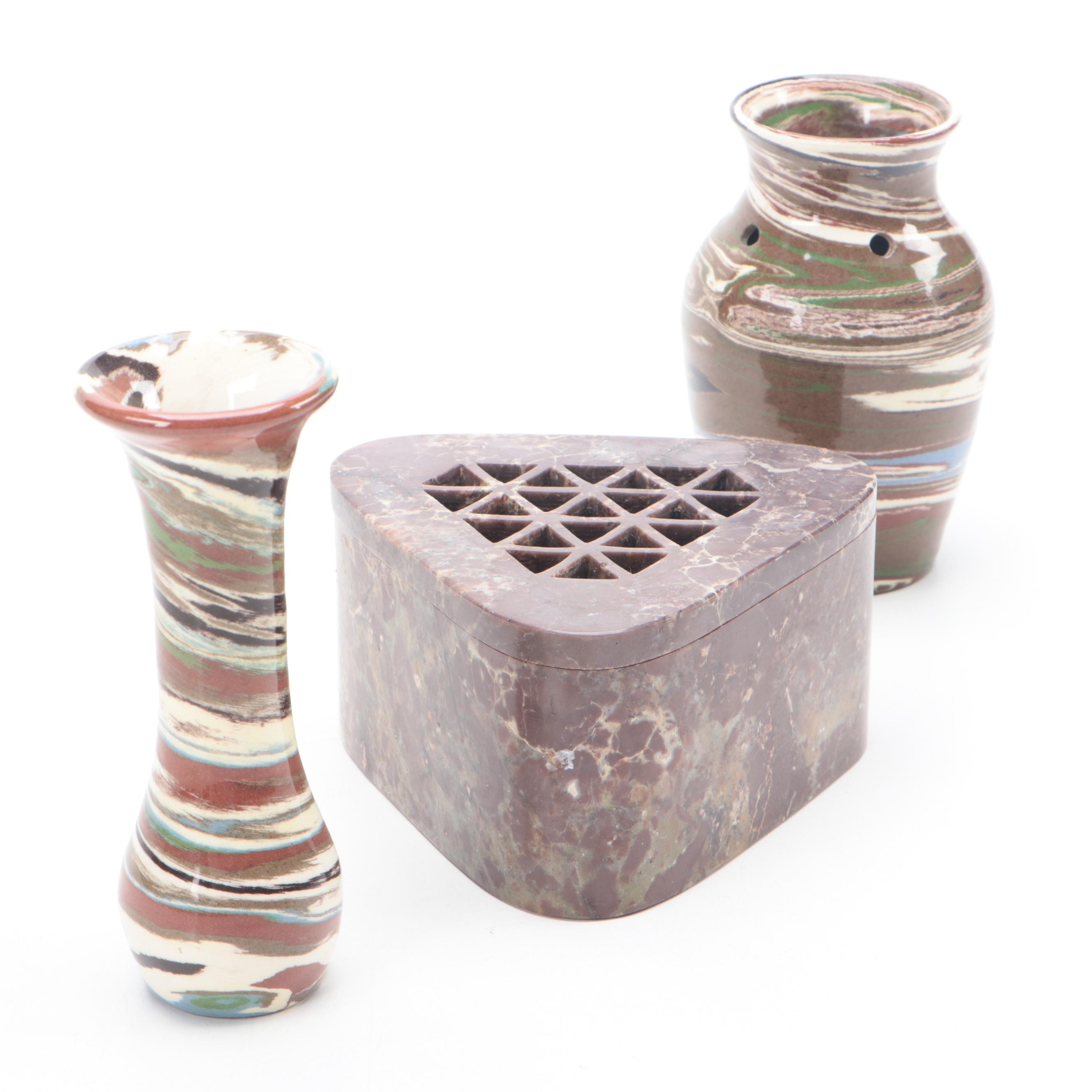 Evans Pottery Desert Sands Ceramic Vases with Carved Soapstone Box