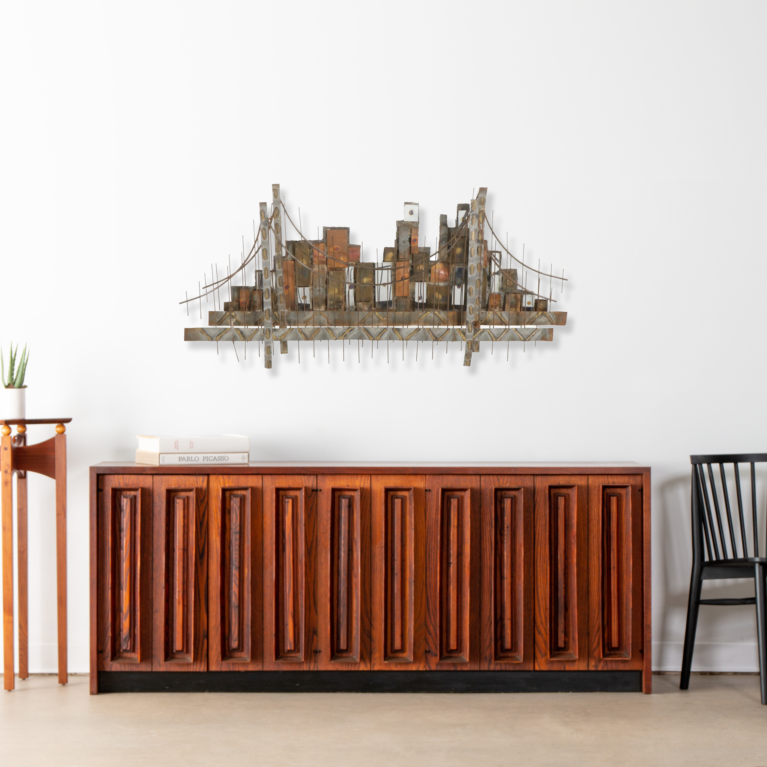 Mid-Century Modern Metal Bridge Hanging Sculpture in the Style of Curtis Jeré