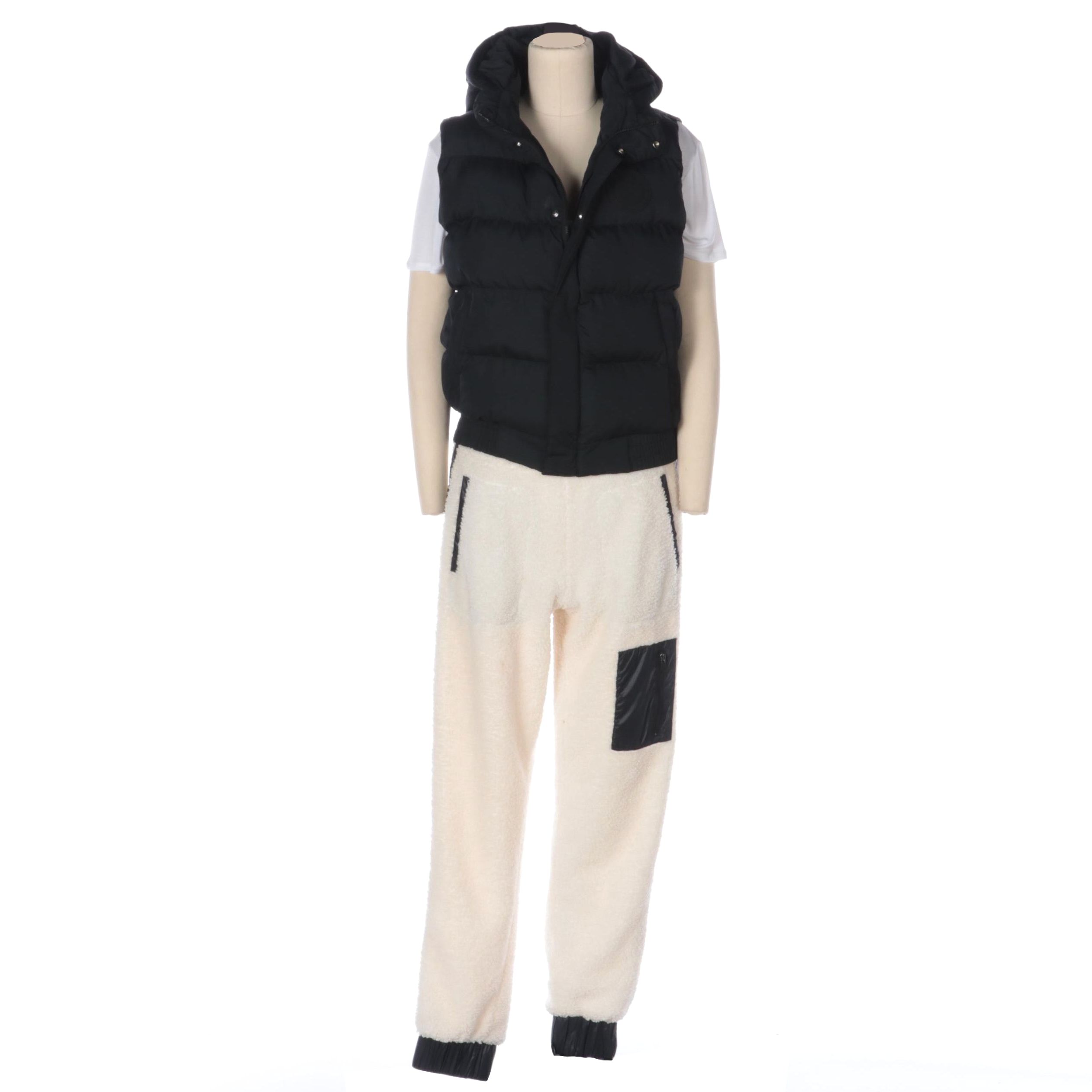 Fabletics Sherpa Fleece Joggers, Ribbed Knit Tee, and Puffer Vest