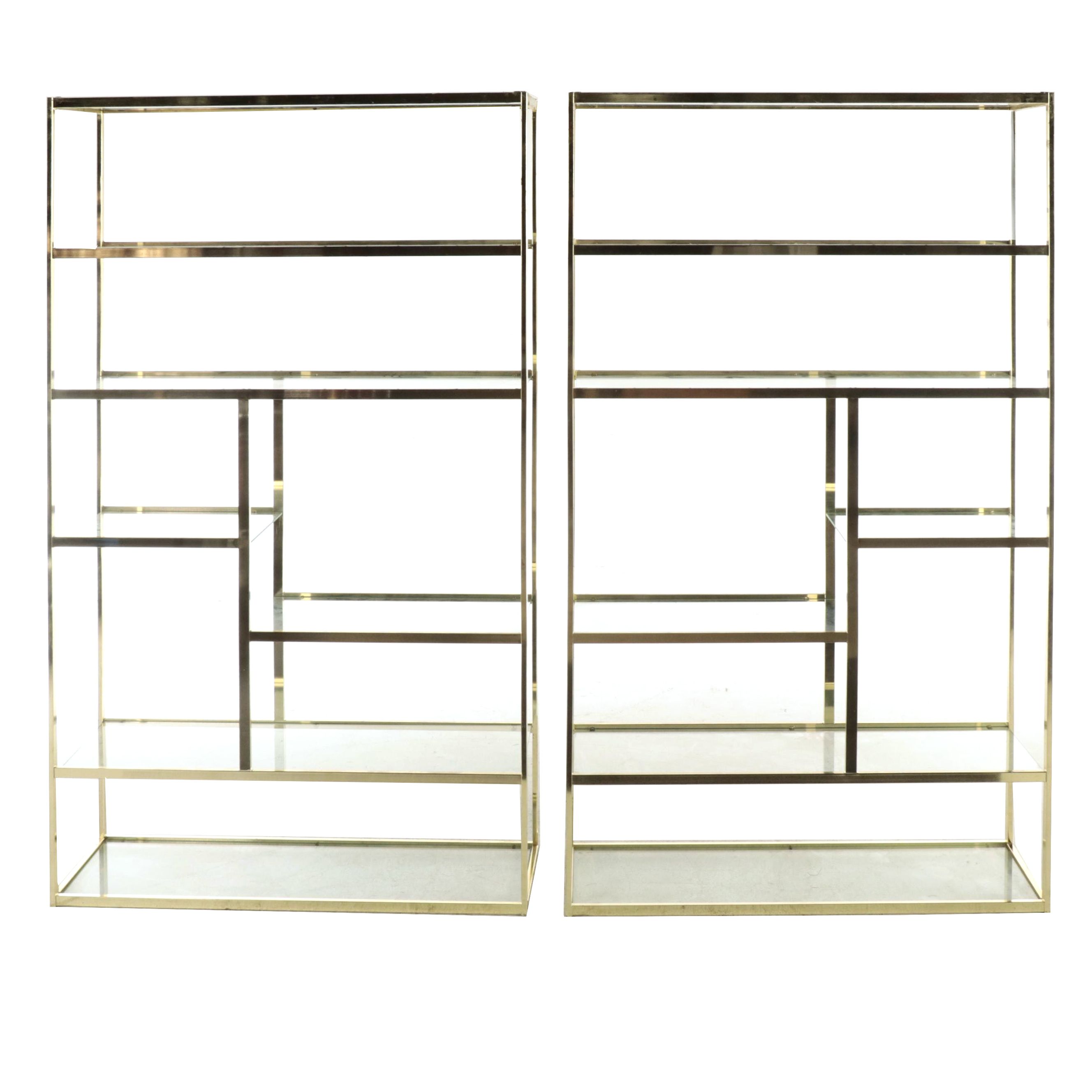 Pair of Modernist Brass-Patinated Metal and Glass Étagères