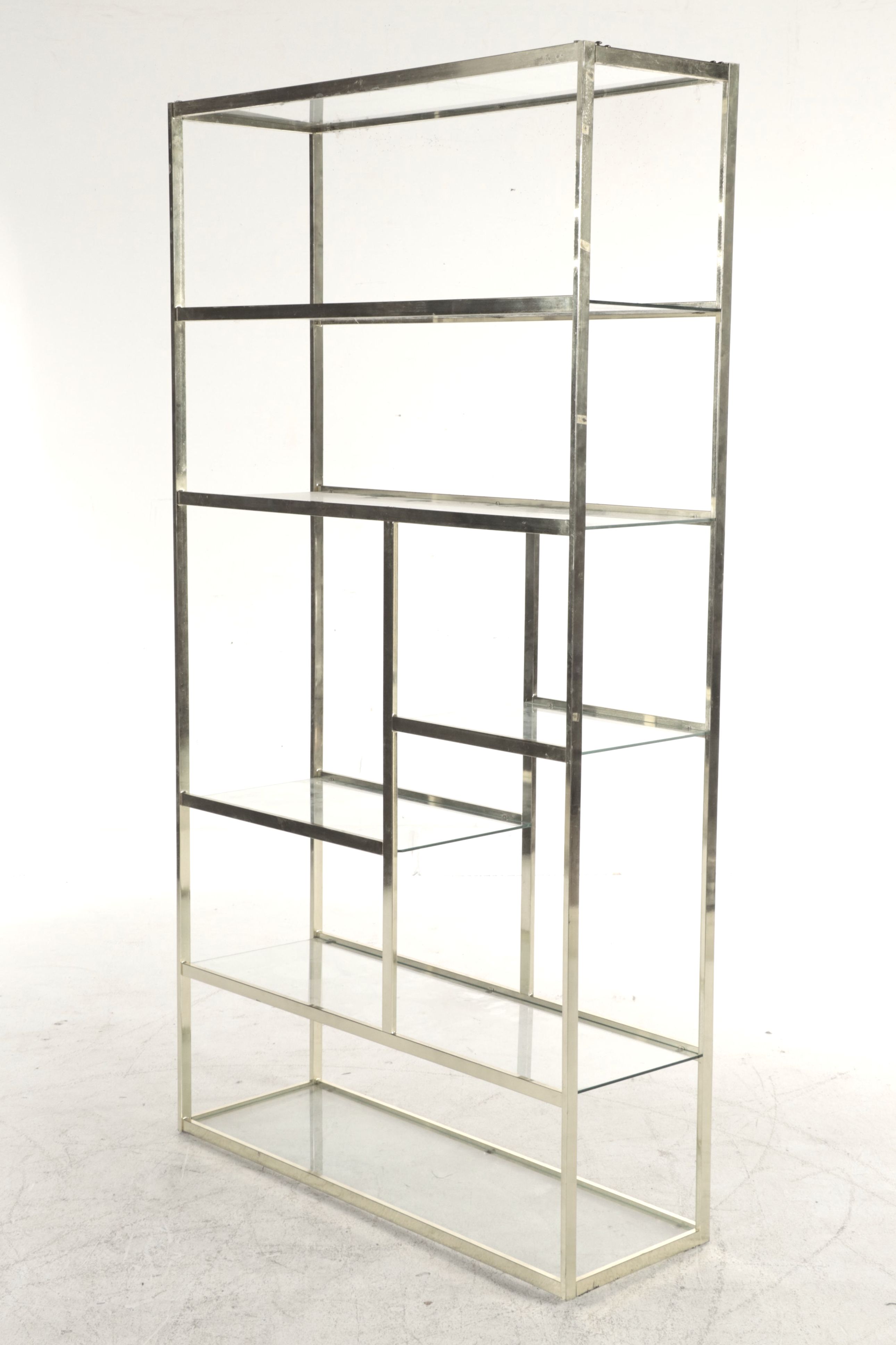 Pair of Modernist Brass-Patinated Metal and Glass Étagères