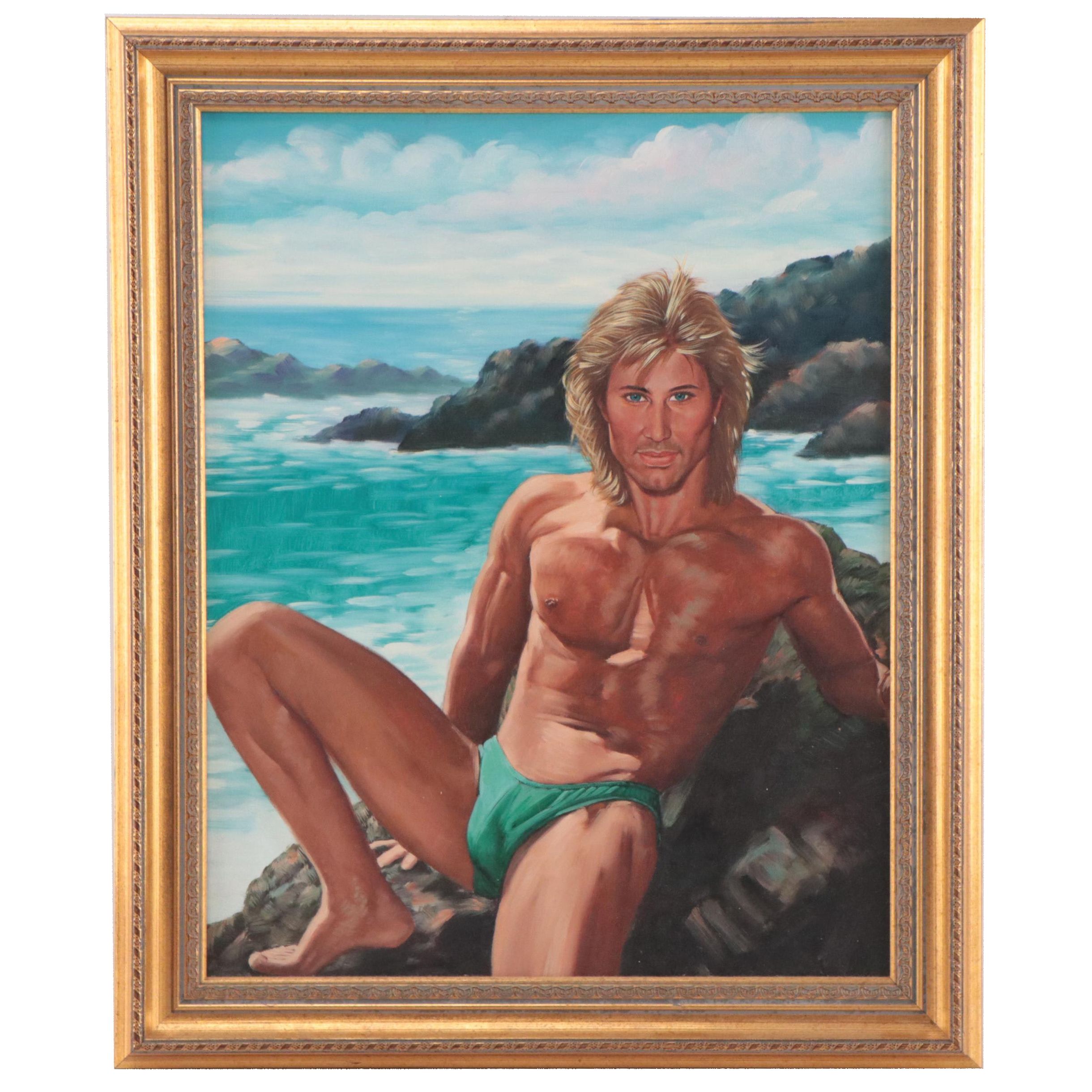 Portrait Oil Painting of Reclining Male Figure on Rocky Coastline