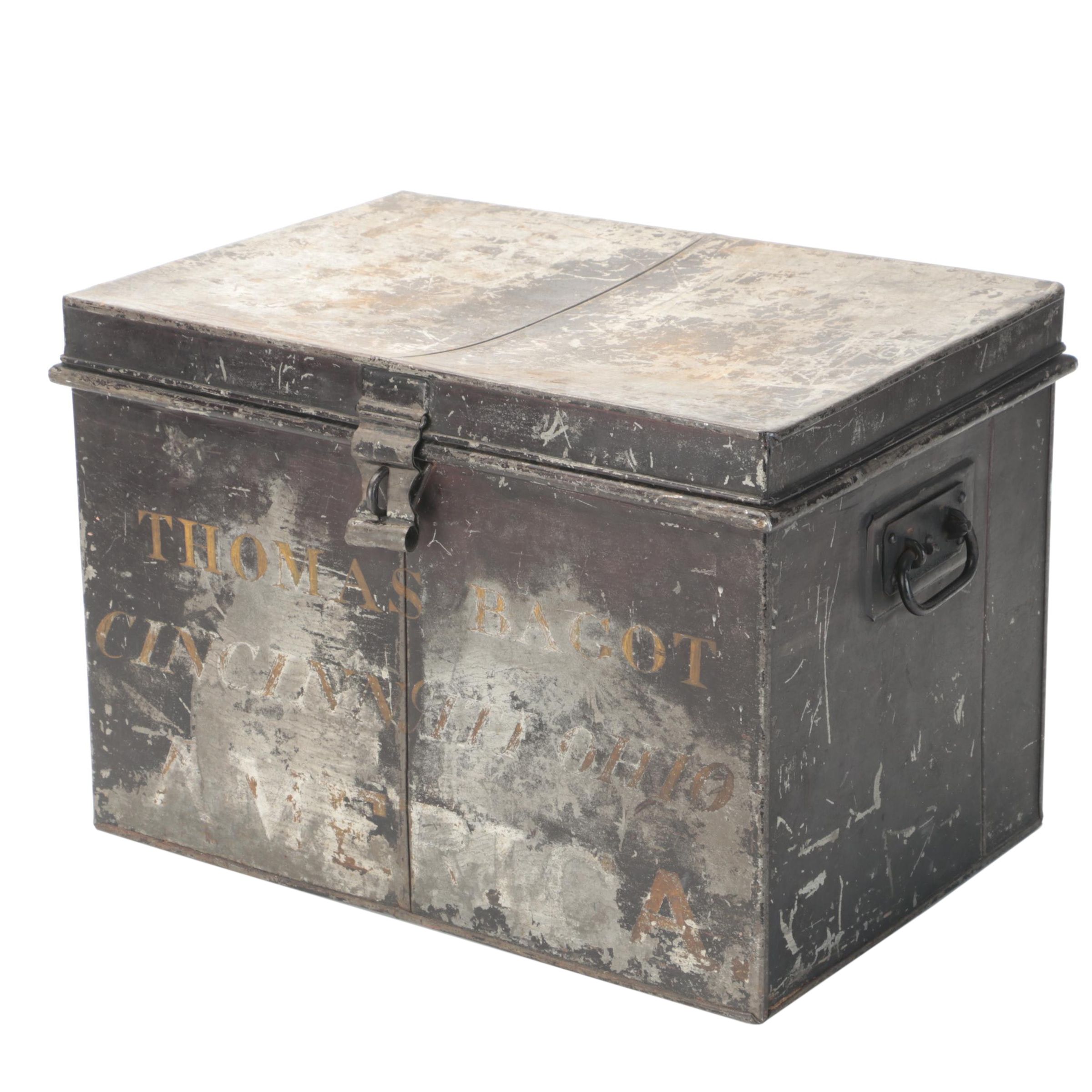 Victorian Locking Metal Box, Marked "Thomas Bacot, Cincinnati, Ohio"