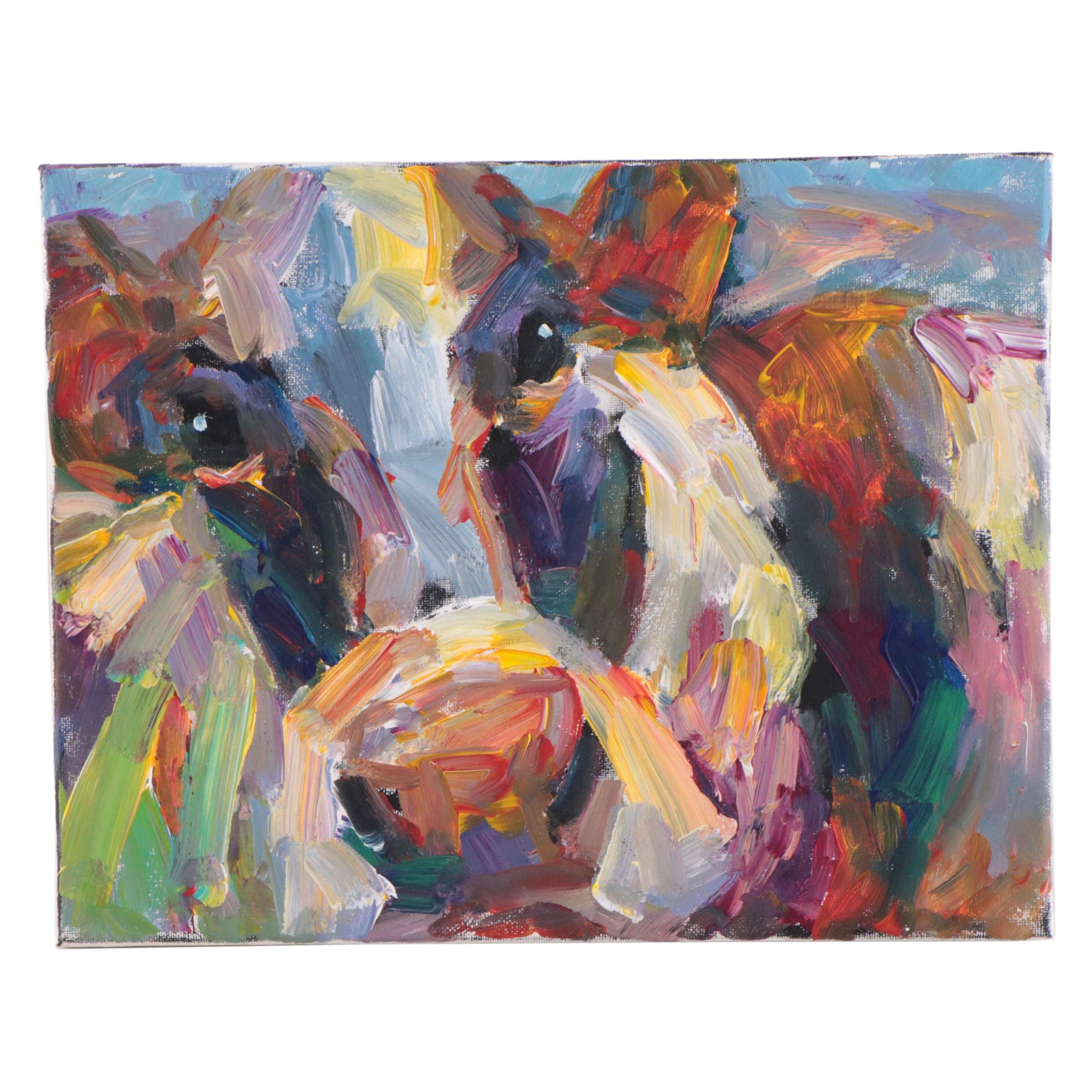 Elle Raines Acrylic Painting of Cow, 21st Century