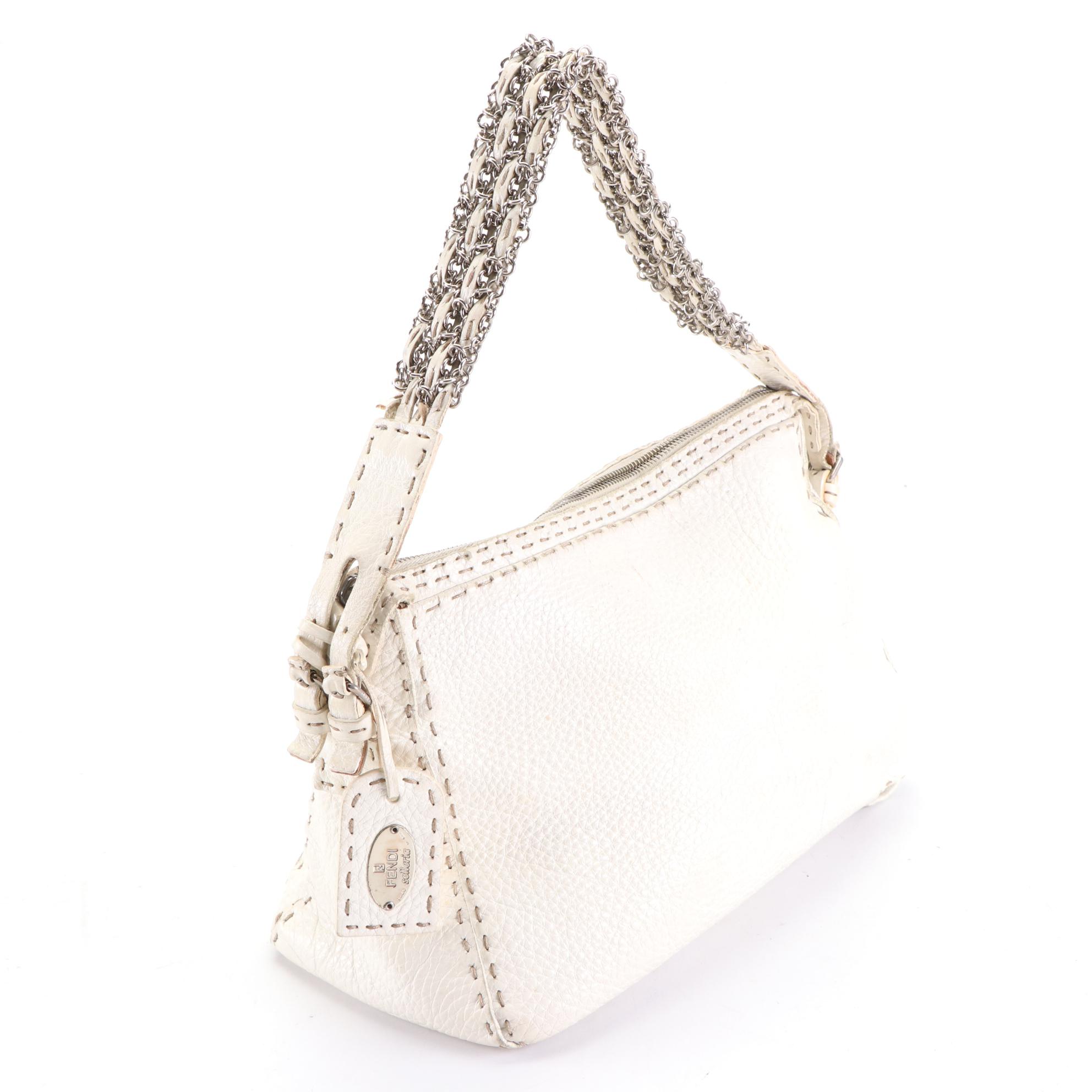 Fendi Selleria Shoulder Bag in White Grained Calfskin Leather and Chain Strap