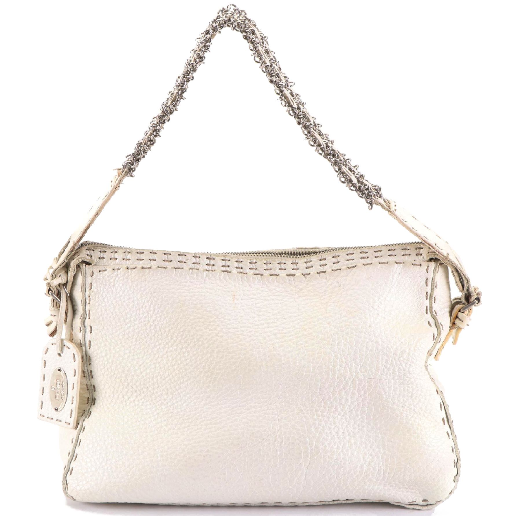 Fendi Selleria Shoulder Bag in White Grained Calfskin Leather and Chain Strap