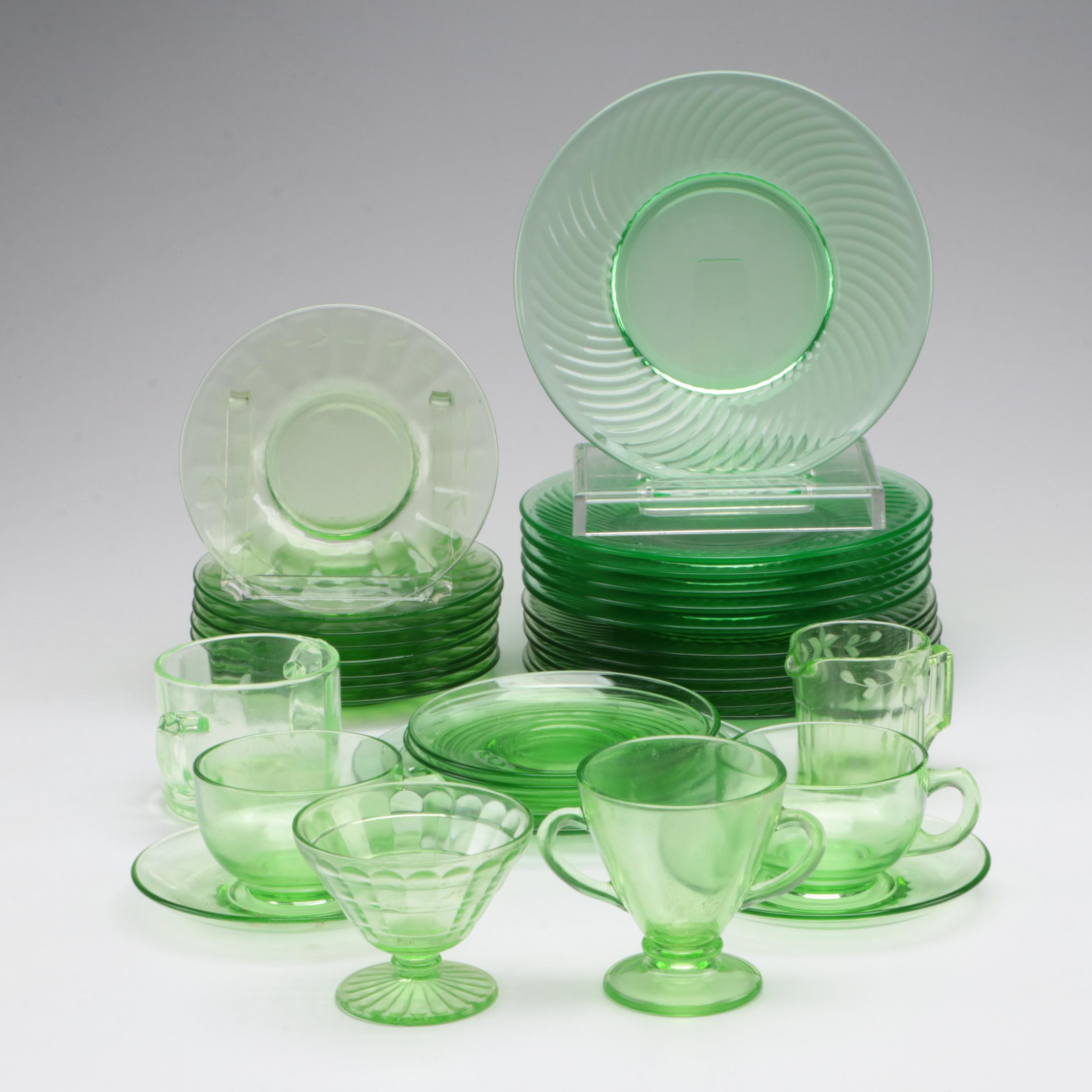 Green Uranium Glass Plates and Cups, Mid-20th Century