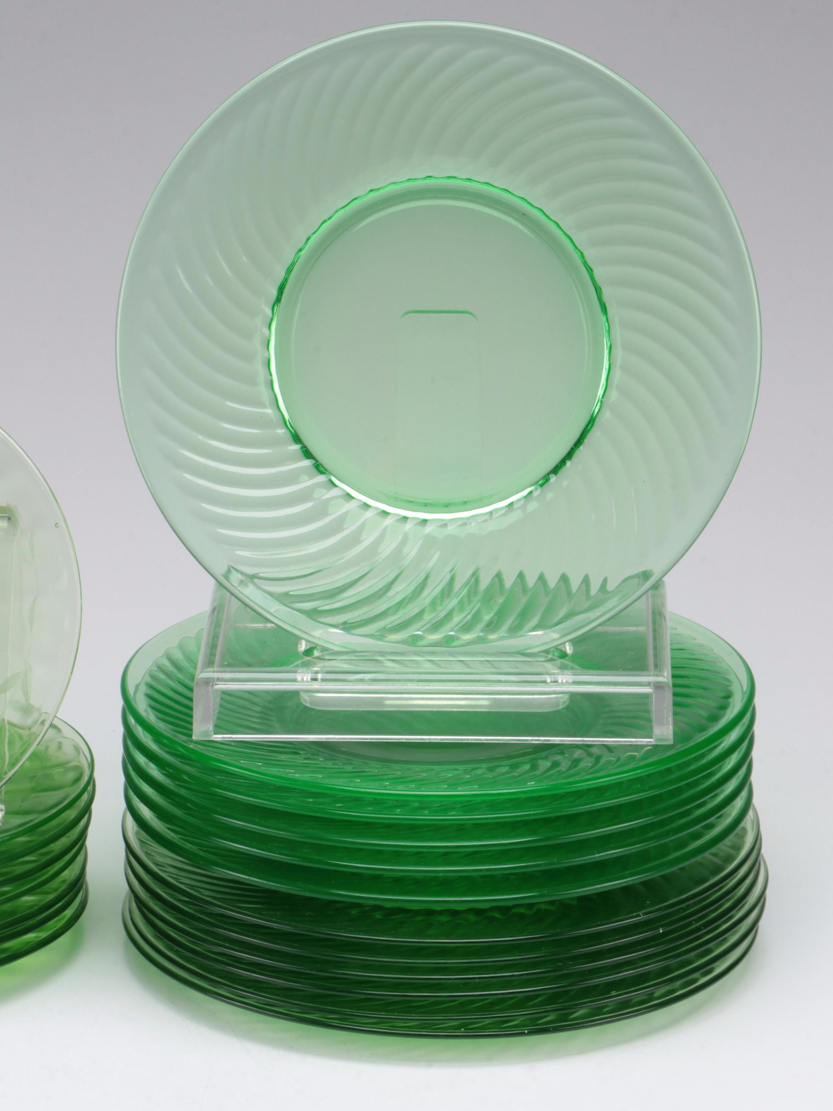 Green Uranium Glass Plates and Cups, Mid-20th Century