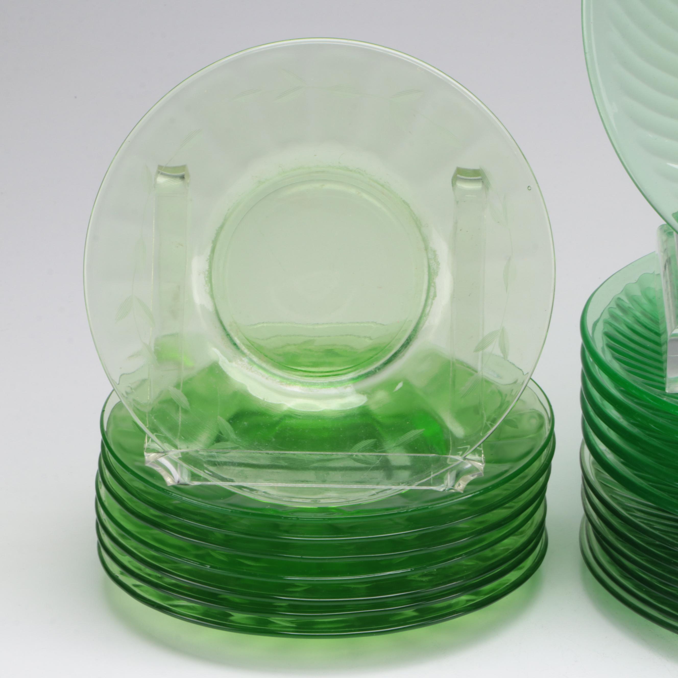 Green Uranium Glass Plates and Cups, Mid-20th Century