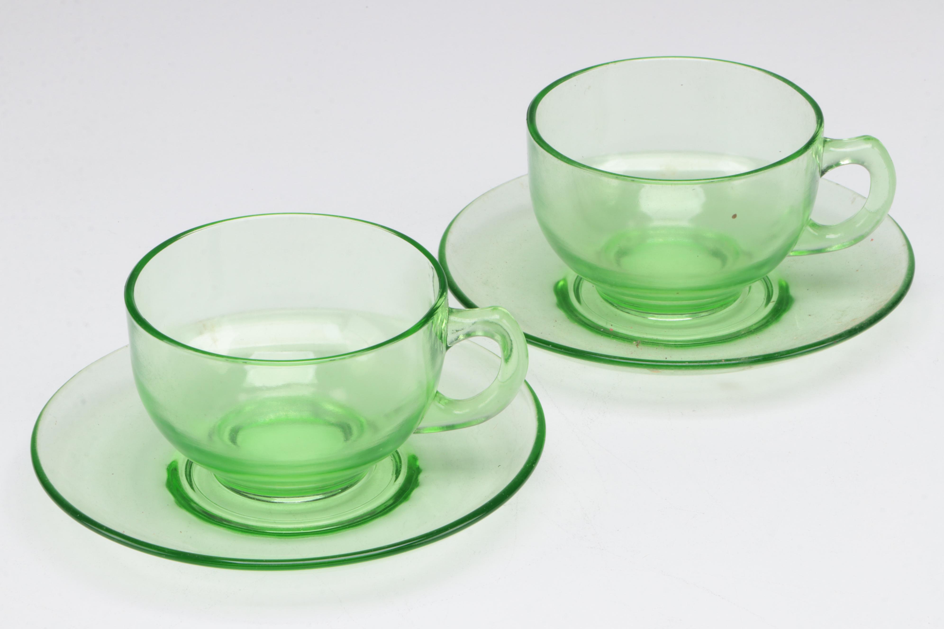 Green Uranium Glass Plates and Cups, Mid-20th Century
