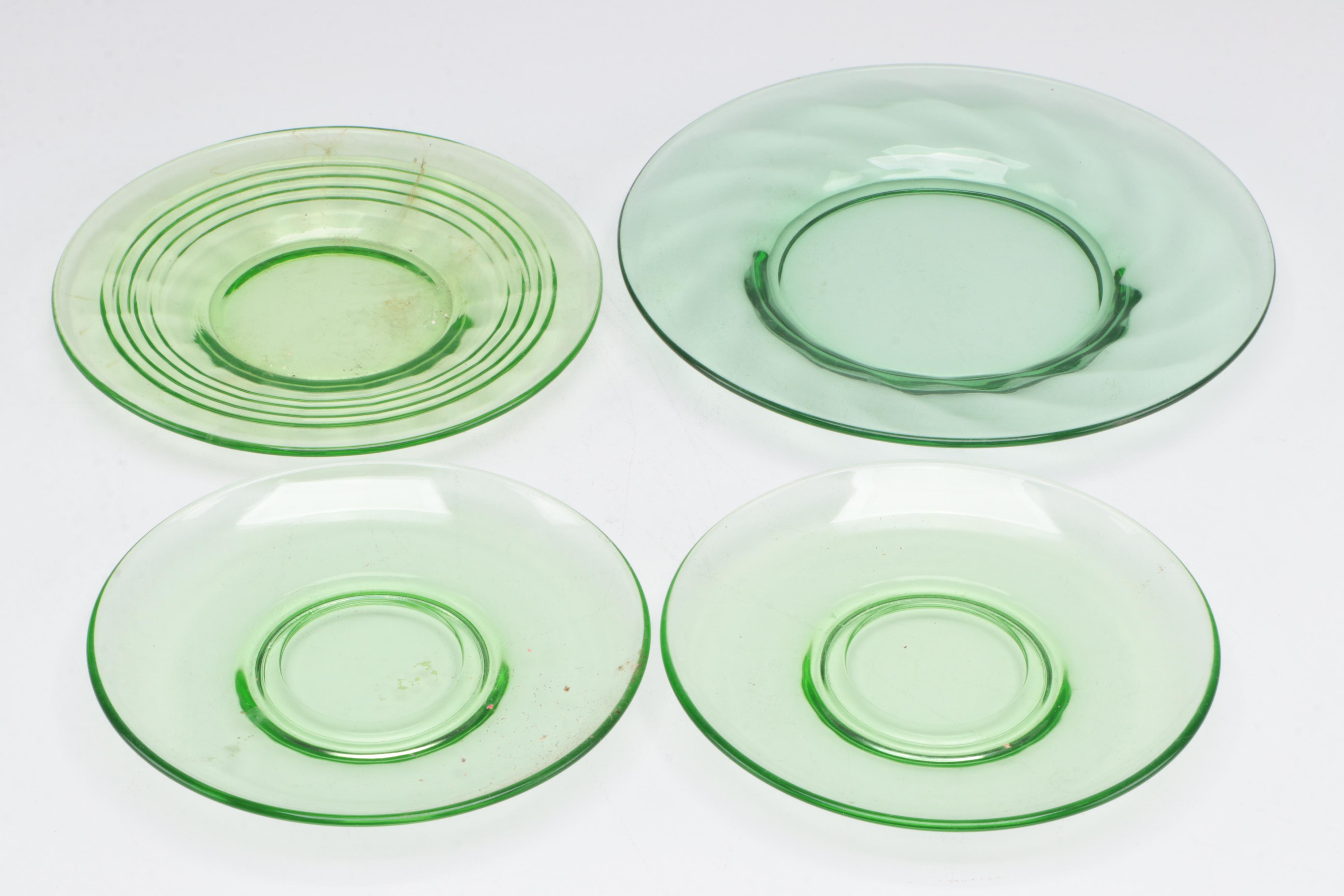 Green Uranium Glass Plates and Cups, Mid-20th Century