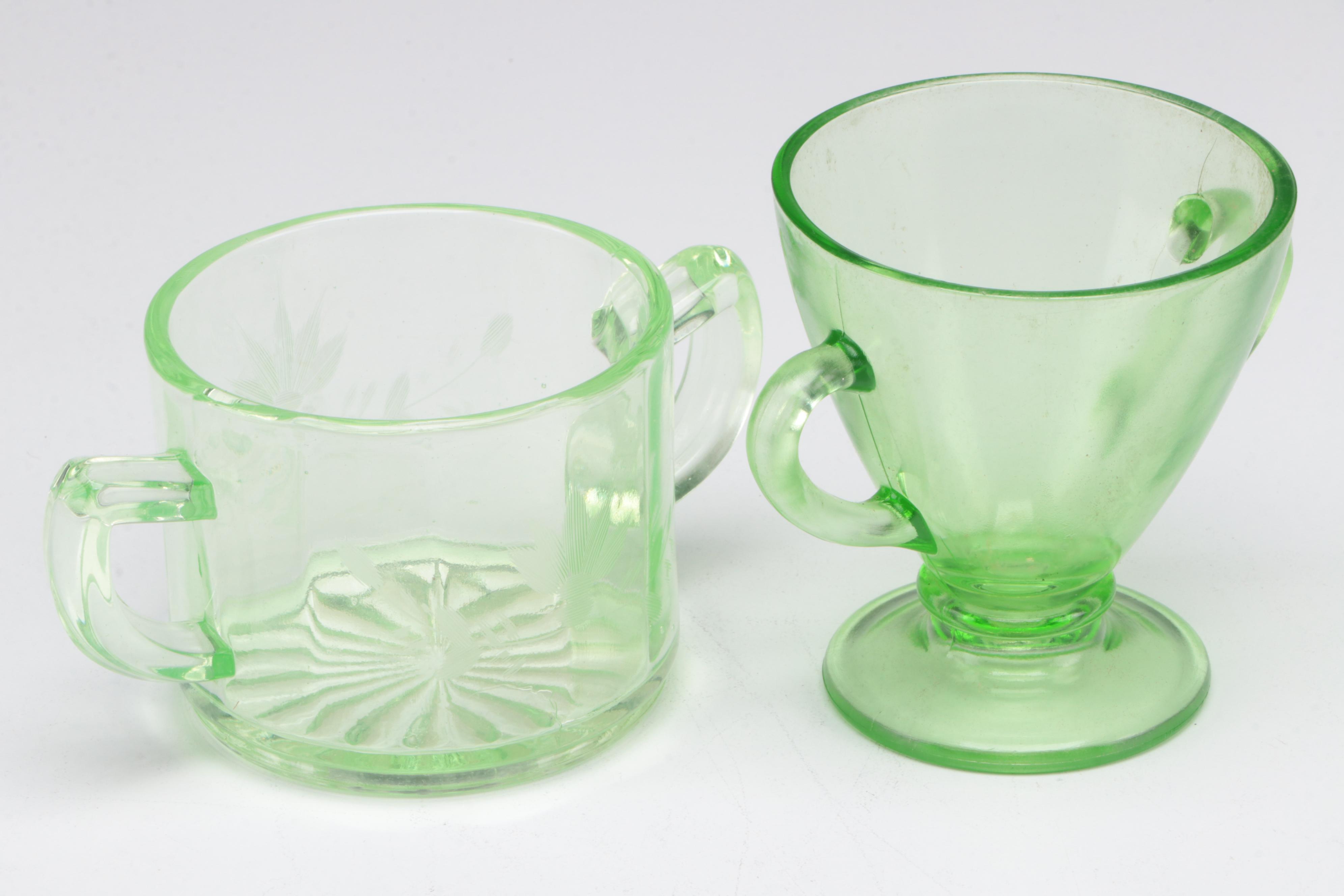 Green Uranium Glass Plates and Cups, Mid-20th Century