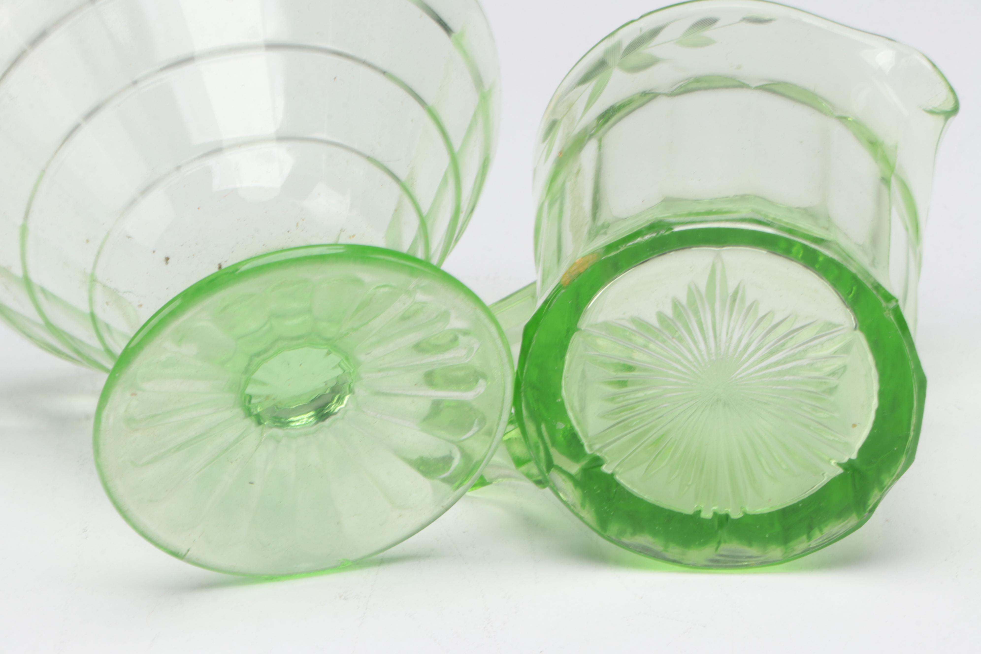 Green Uranium Glass Plates and Cups, Mid-20th Century
