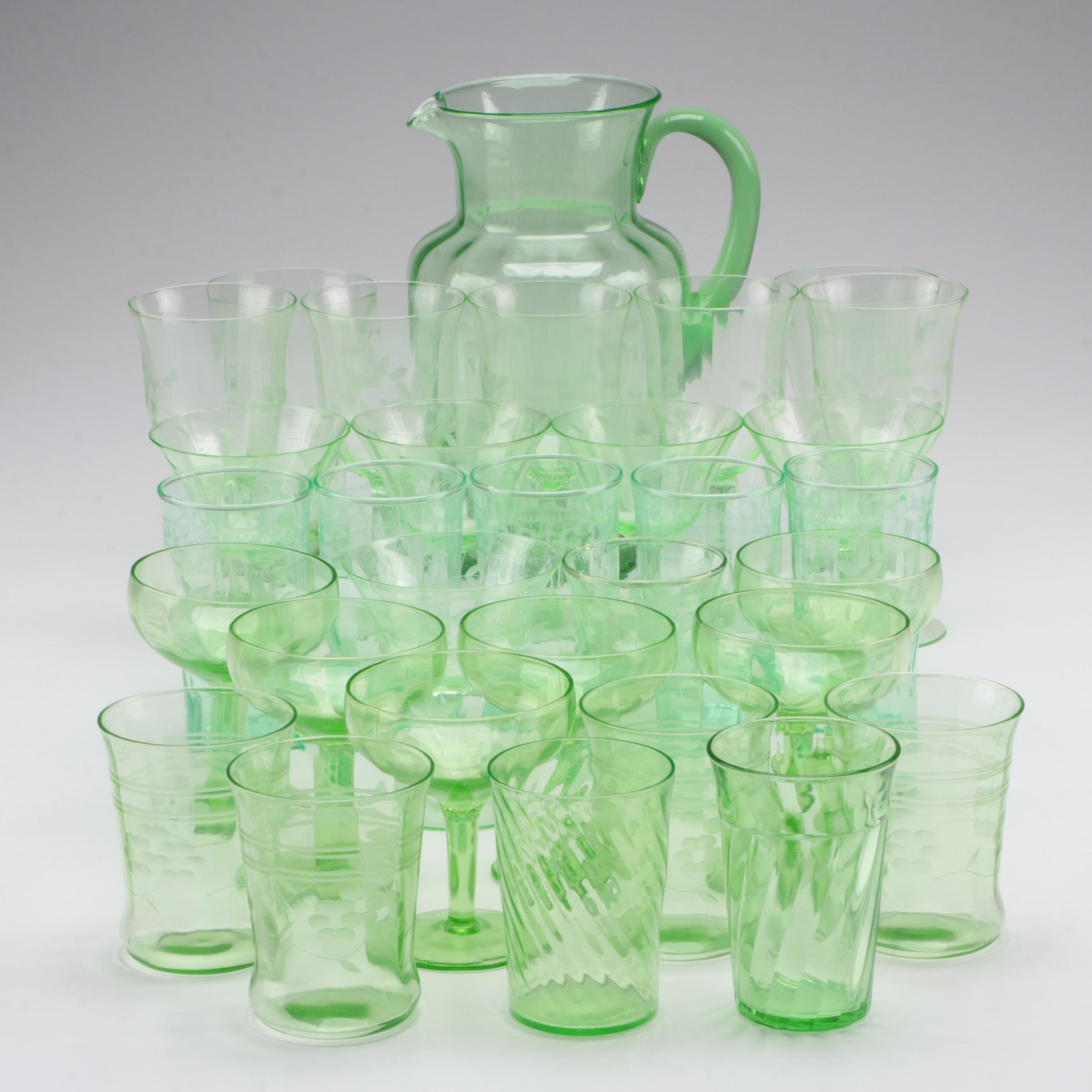 Etched Green Uranium Glass Pitcher, Glasses and Stemware, Mid-20th Century
