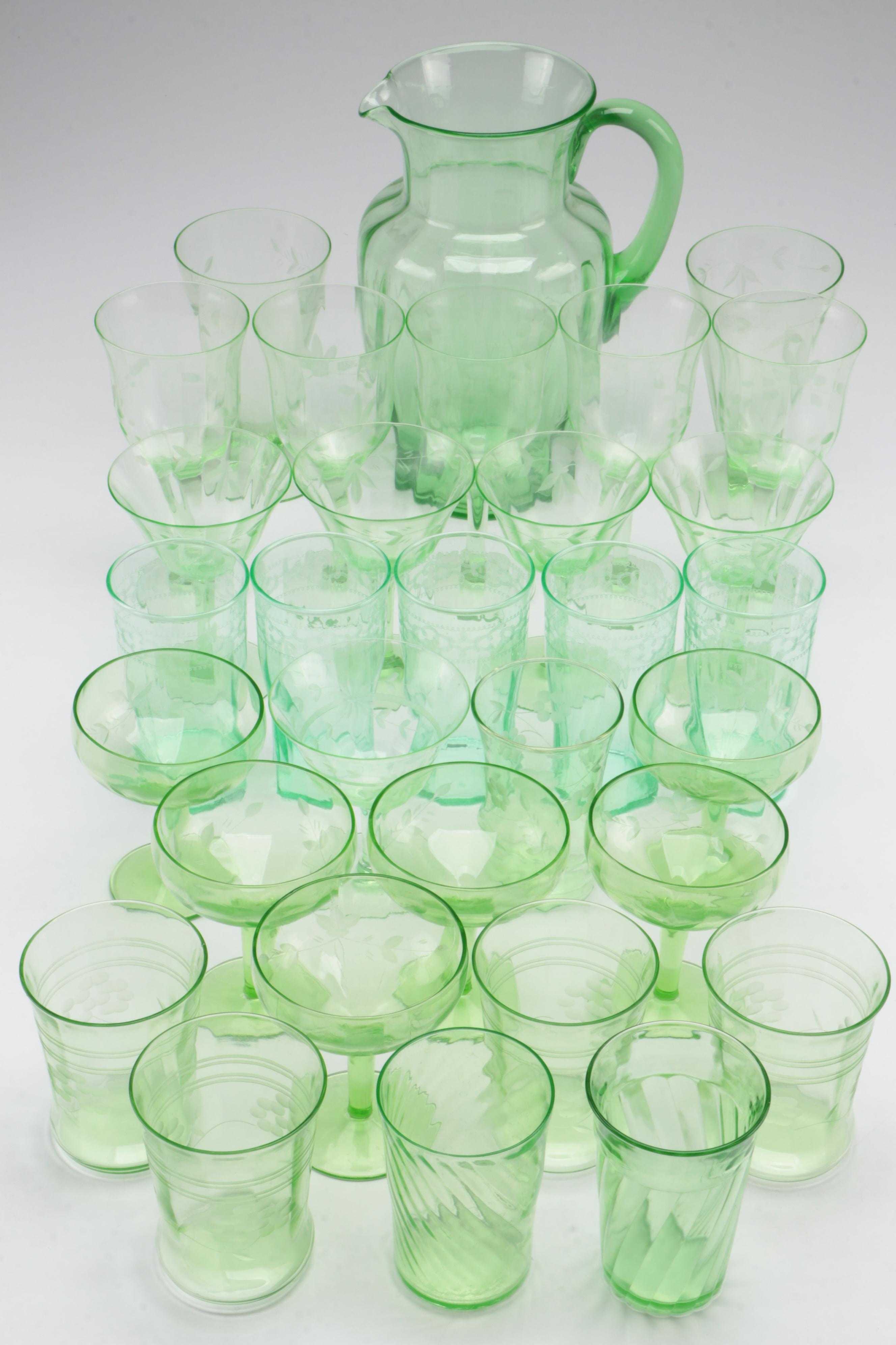 Etched Green Uranium Glass Pitcher, Glasses and Stemware, Mid-20th Century