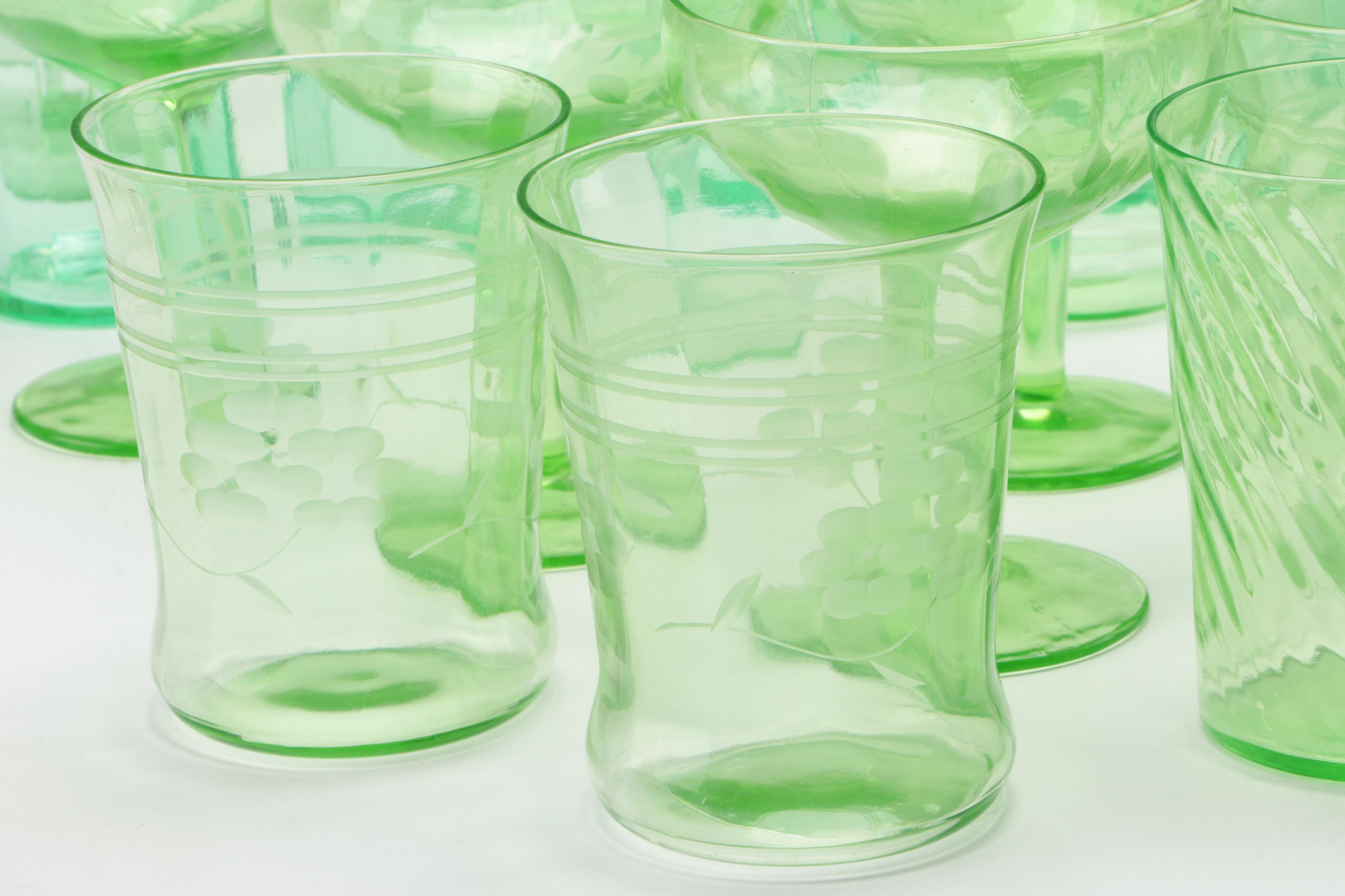 Etched Green Uranium Glass Pitcher, Glasses and Stemware, Mid-20th Century
