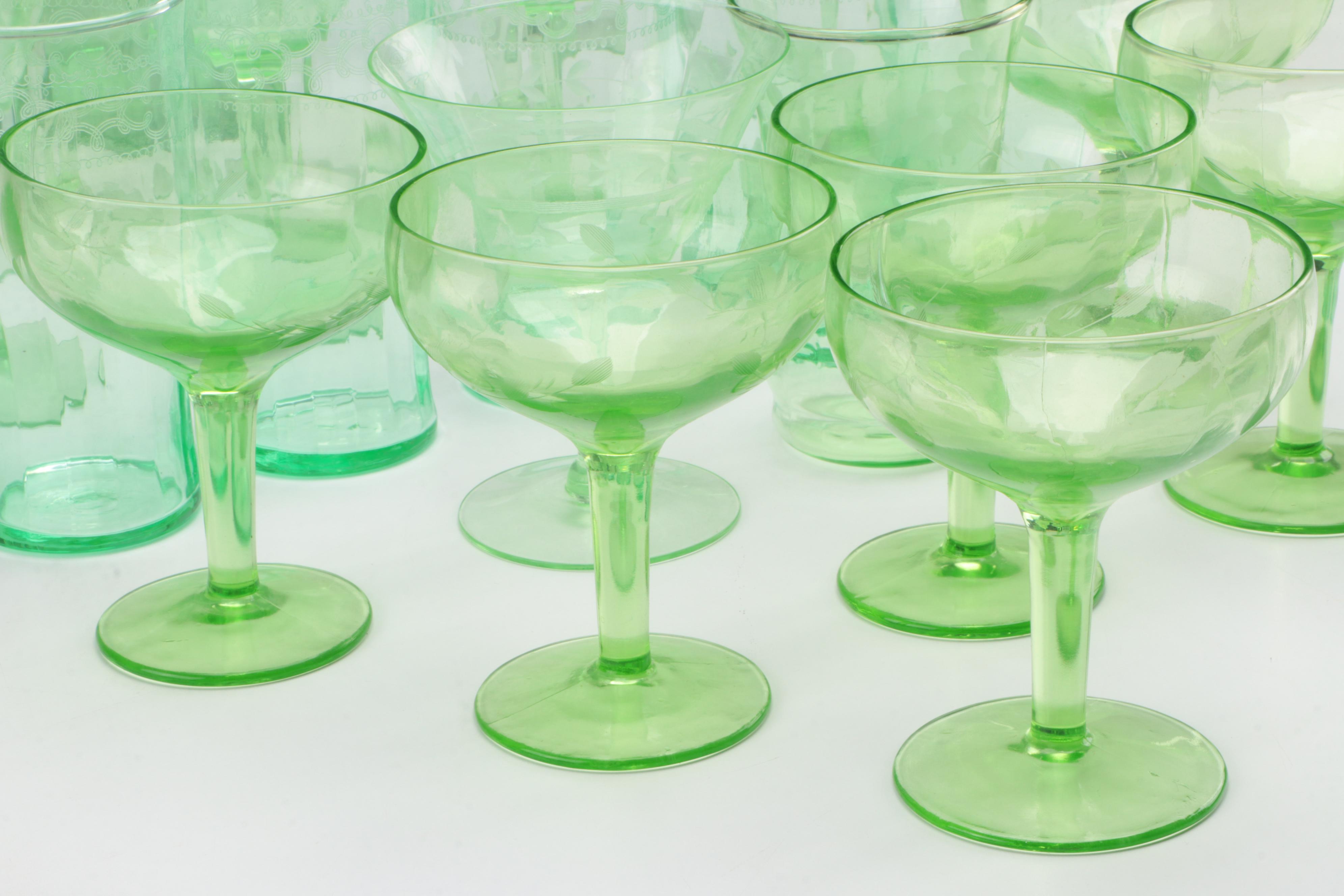Etched Green Uranium Glass Pitcher, Glasses and Stemware, Mid-20th Century